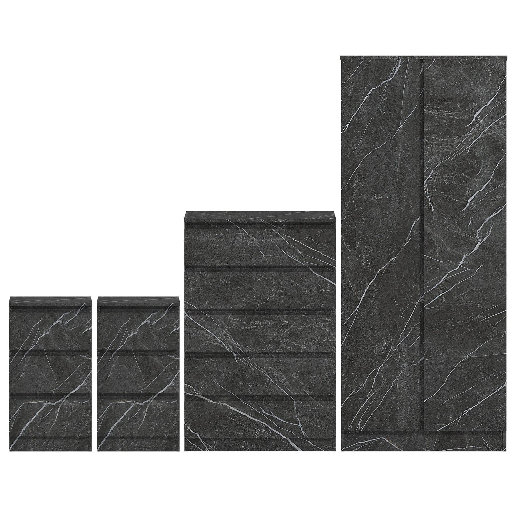 ZITA 4pc Set - 2 Door Wardrobe + Tall Chest + 2 Bedsides in White OR Grey Marble