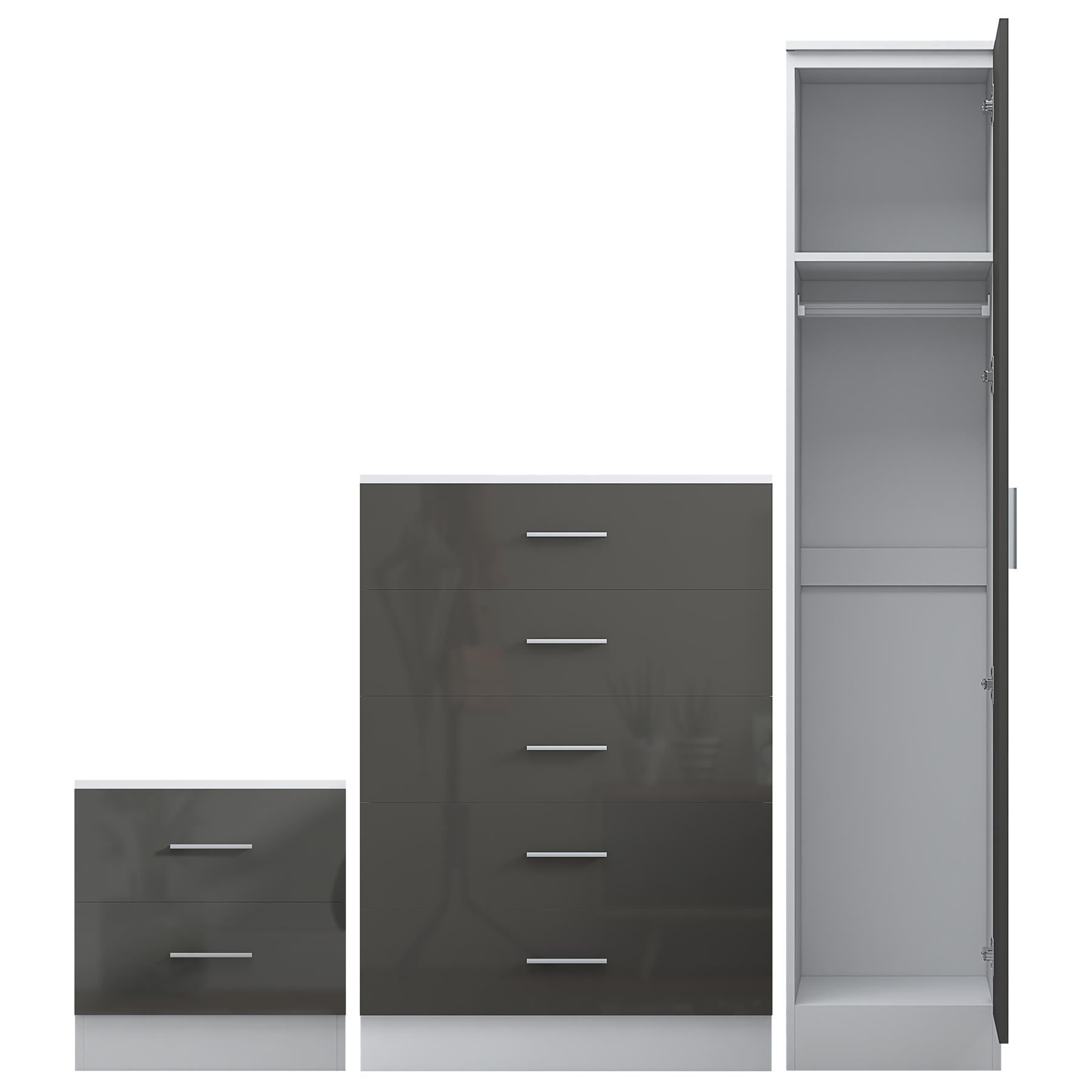 Reflect 1 Door Plain Wardrobe, 5 Drawer Chest, 2 Drawer Bedside - Grey Gloss & Matt White - Bedroom Furniture Set