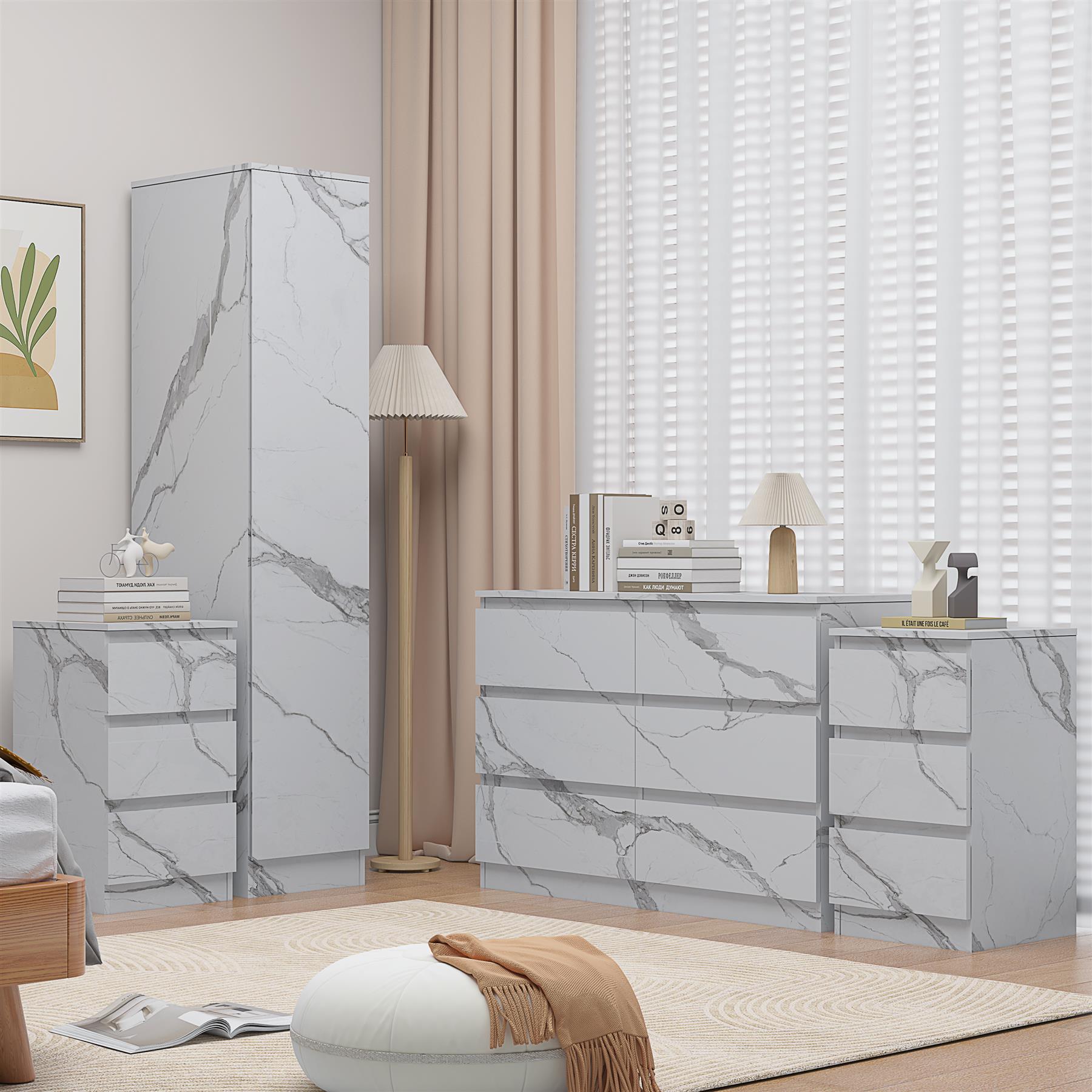 ZITA 4pc Set - 1 Door Wardrobe + Wide Chest + 2 Bedsides in White OR Grey Marble