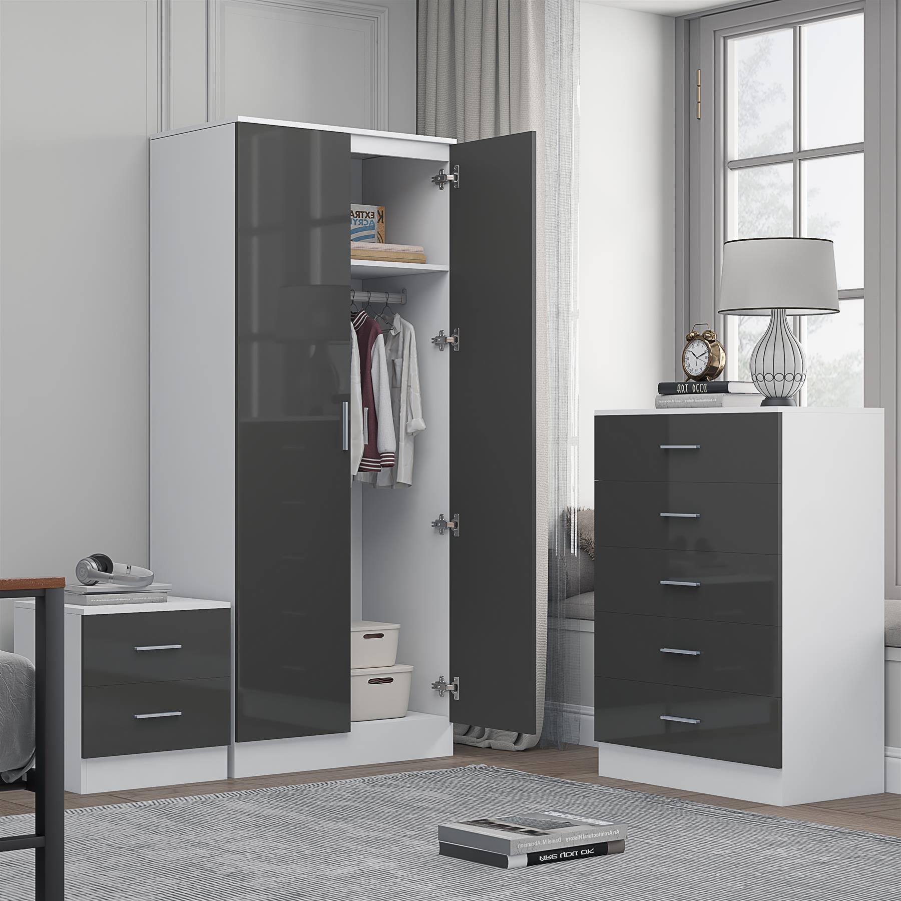 Reflect 2 Door Plain Wardrobe, 5 Drawer Chest, 2 Drawer Bedside - Grey Gloss & Matt White - Modern Bedroom Furniture Set