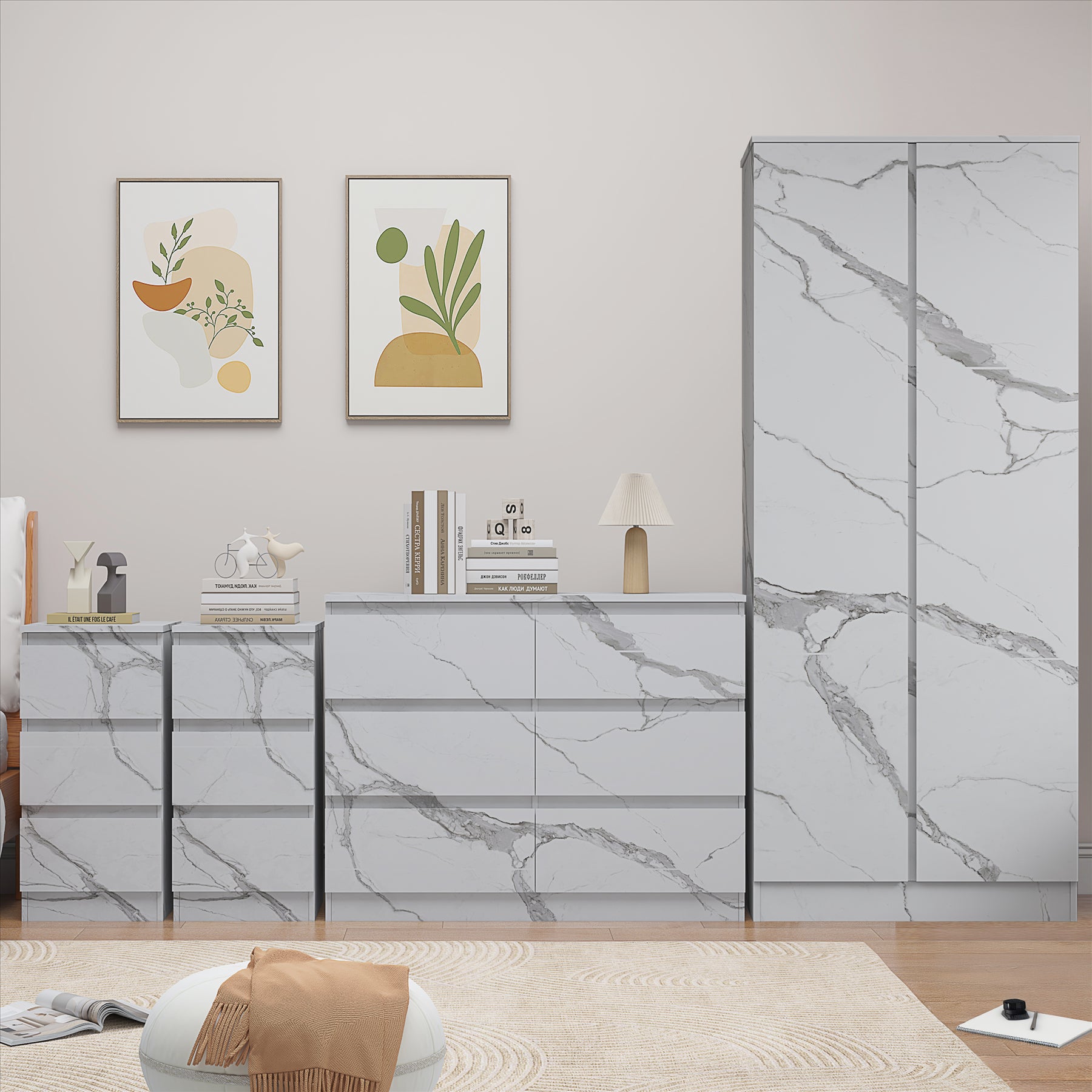 ZITA 4pc Set - 2 Door Wardrobe + Wide Chest + 2 Bedsides in White OR Grey Marble
