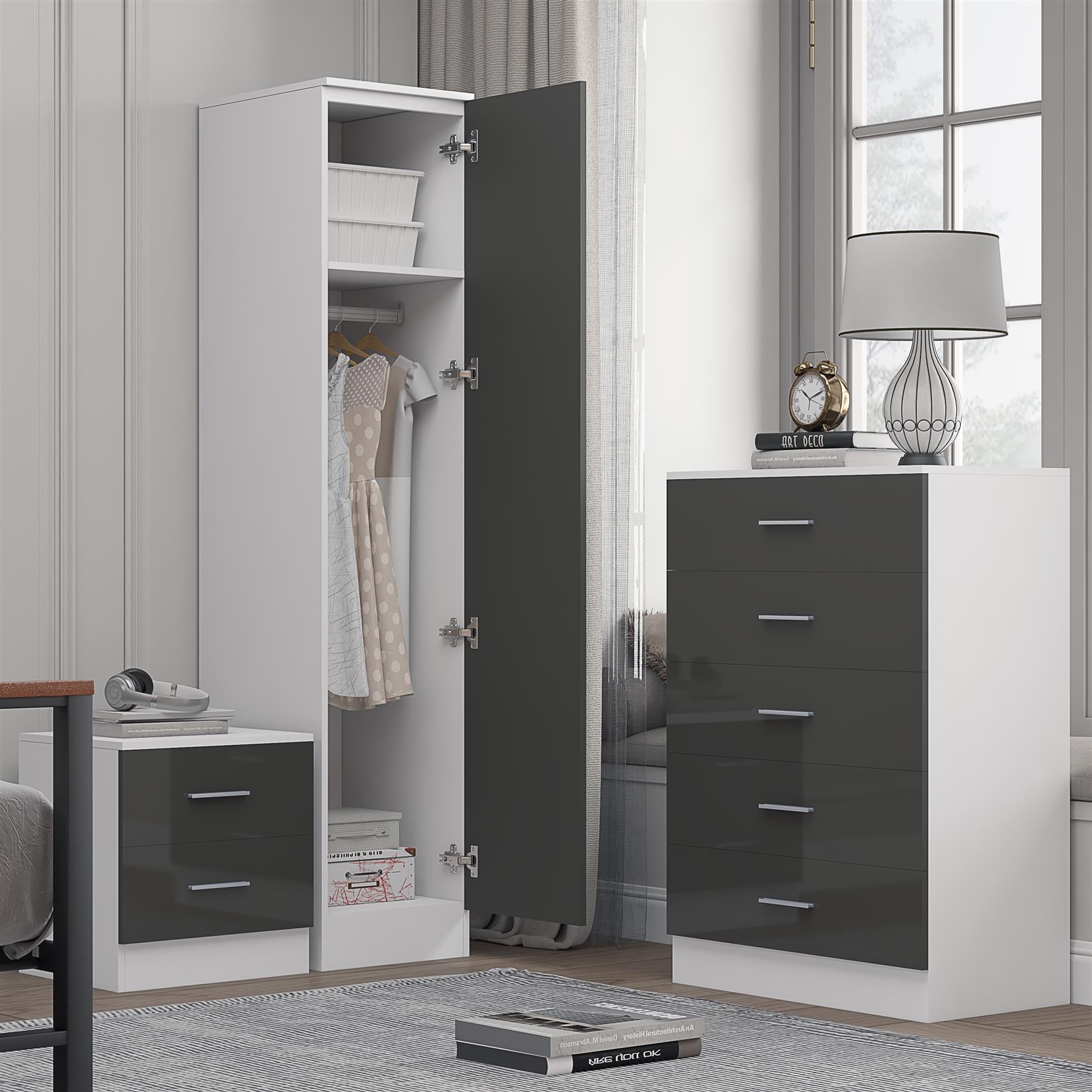 Reflect 1 Door Plain Wardrobe, 5 Drawer Chest, 2 Drawer Bedside - Grey Gloss & Matt White - Bedroom Furniture Set