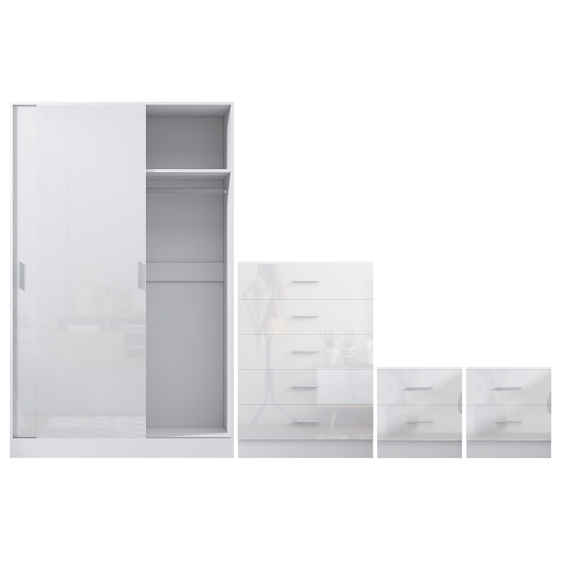 REFLECT Gloss 4pc Set - 2 Door Sliding Wardrobe + 5 Draw Chest + 2 Bedsides
