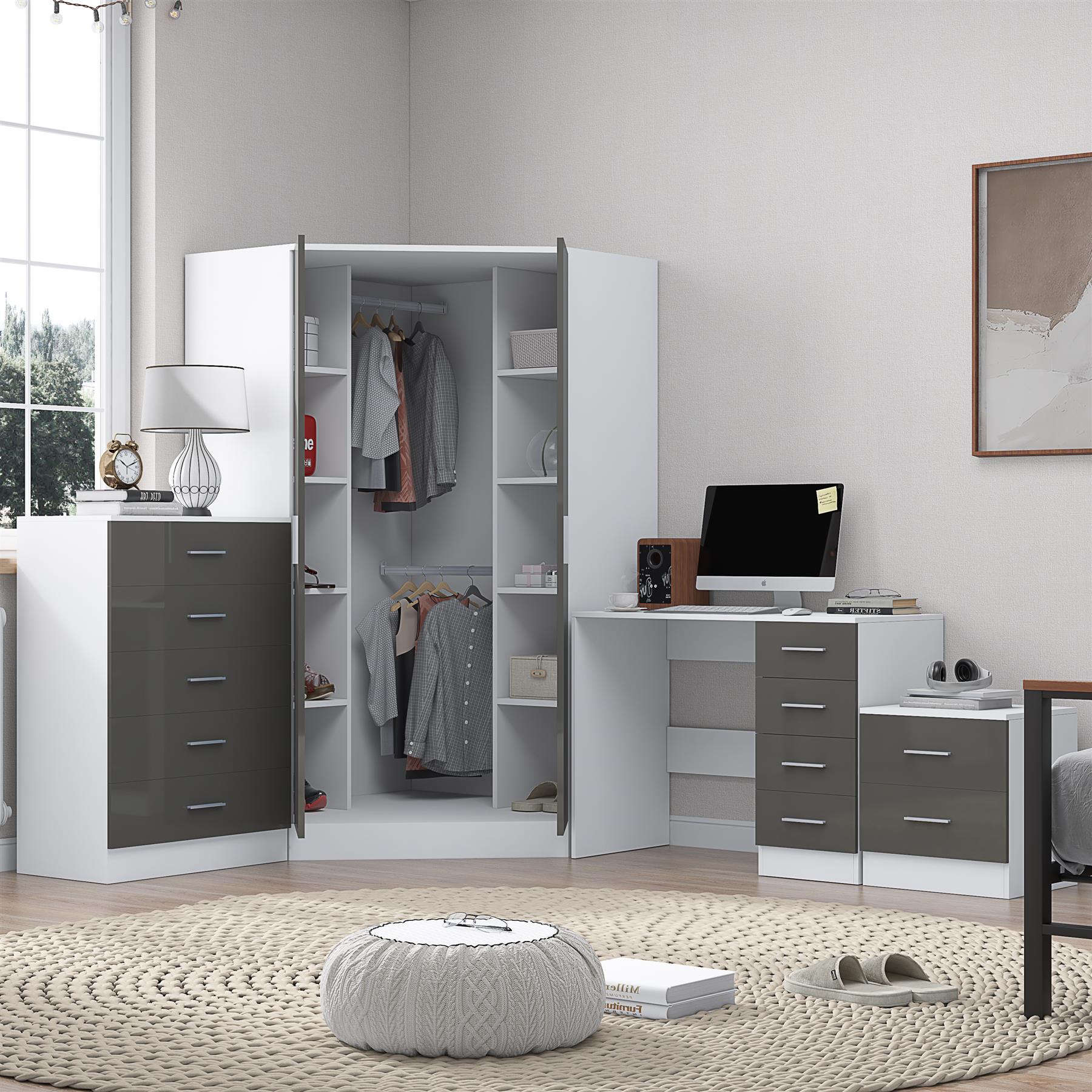 Reflect 2 Door Corner Wardrobe, 5 Drawer Chest, 2 Drawer Bedside & Desk - Grey Gloss & Matt White - Bedroom Furniture Set