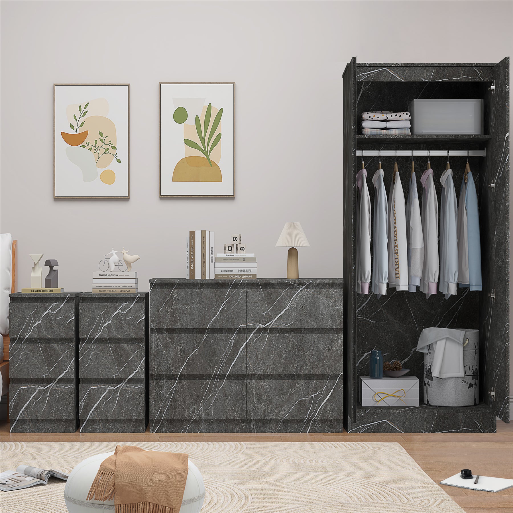 ZITA 4pc Set - 2 Door Wardrobe + Wide Chest + 2 Bedsides in White OR Grey Marble