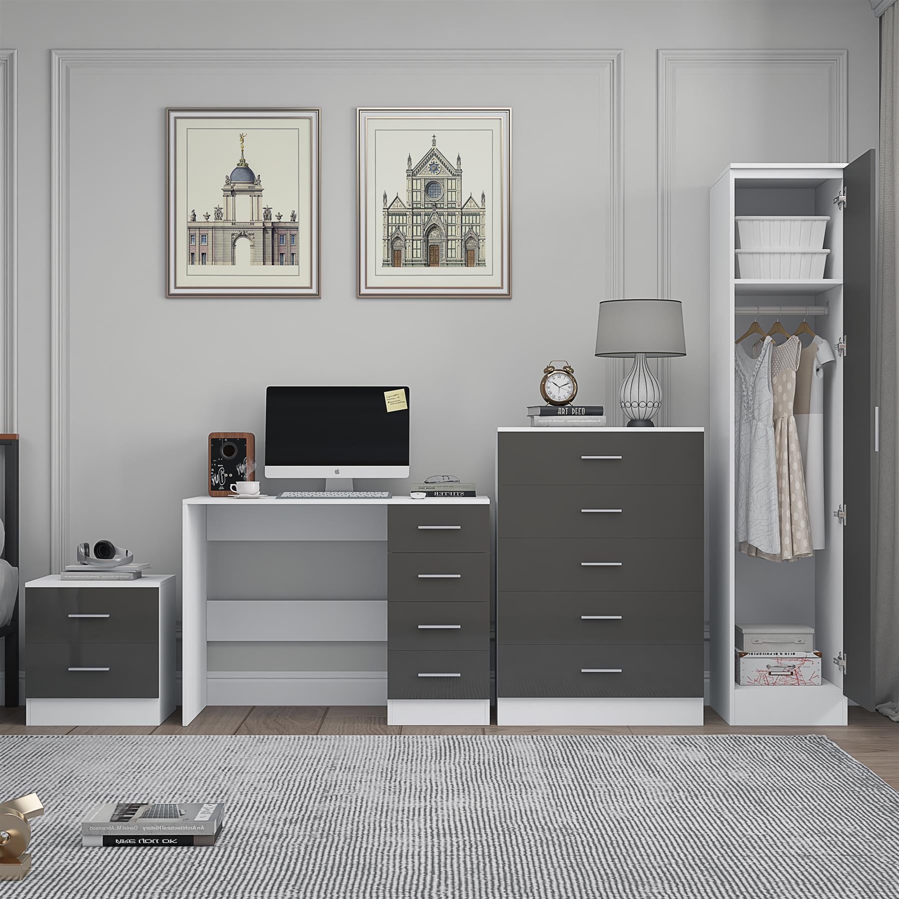 Reflect 1 Door Plain Wardrobe, 5 Drawer Chest, 2 Drawer Bedside & Desk - Grey Gloss & Matt White - Bedroom Furniture Set