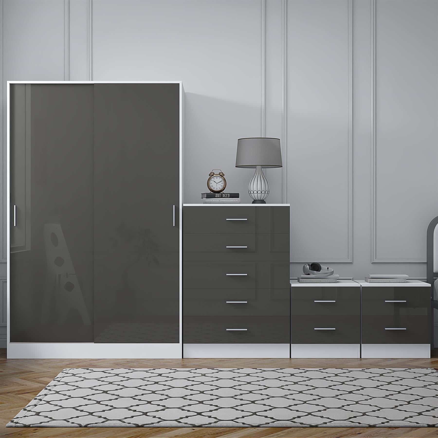 Reflect 2 Door Sliding Wardrobe, 5 Drawer Chest, 2x 2 Drawer Bedsides - Grey Gloss & Matt White - Modern Bedroom Furniture Set
