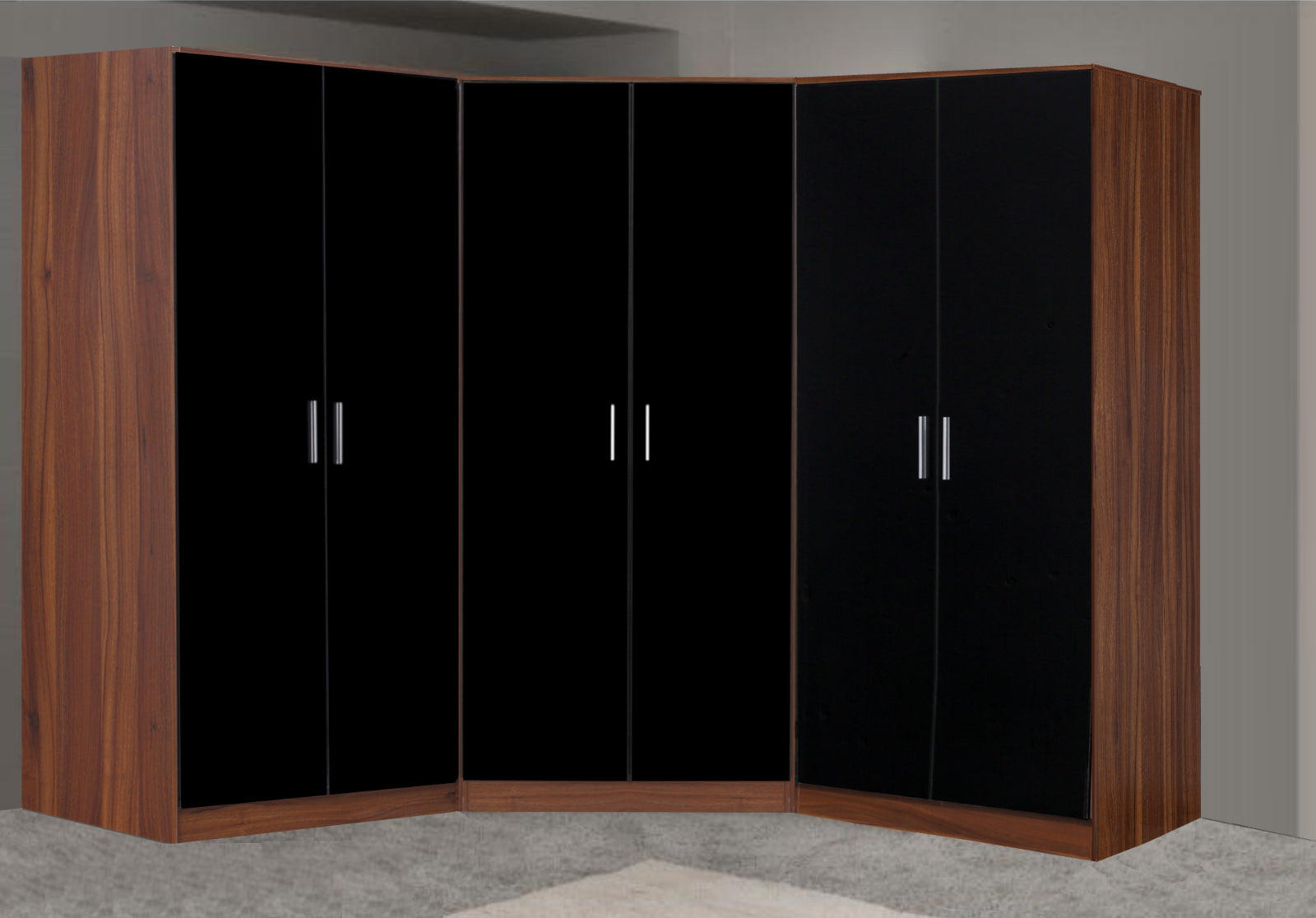 Reflect 3pc Wardrobe Bundle - 2 Door Corner + 2x 2 Door Plain - Black Gloss & Walnut - H: 180cm x W: 179cm x D: 103cm