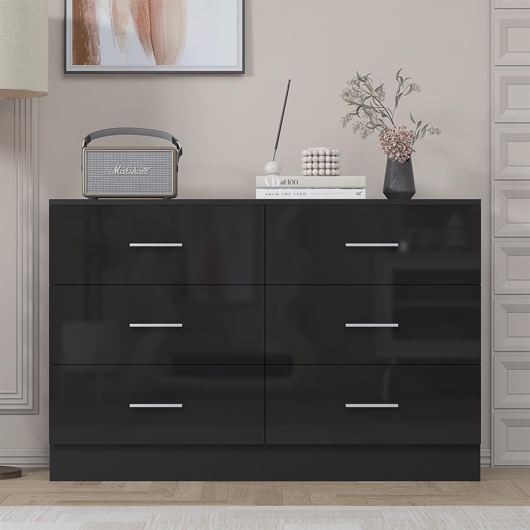 Reflect Wide 6 Drawer Chest - Black Gloss & Matt Black - Modern Bedroom Storage Unit with Drawers - H: 75cm x W: 112cm x D: 40cm
