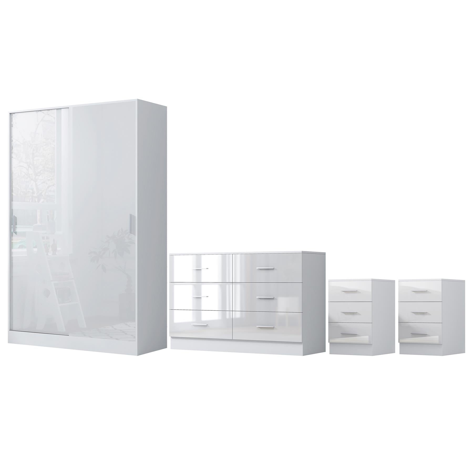 REFLECT Gloss 4pc Set - 2 Door Sliding Wardrobe + Wide Chest + 2 Tall Bedsides