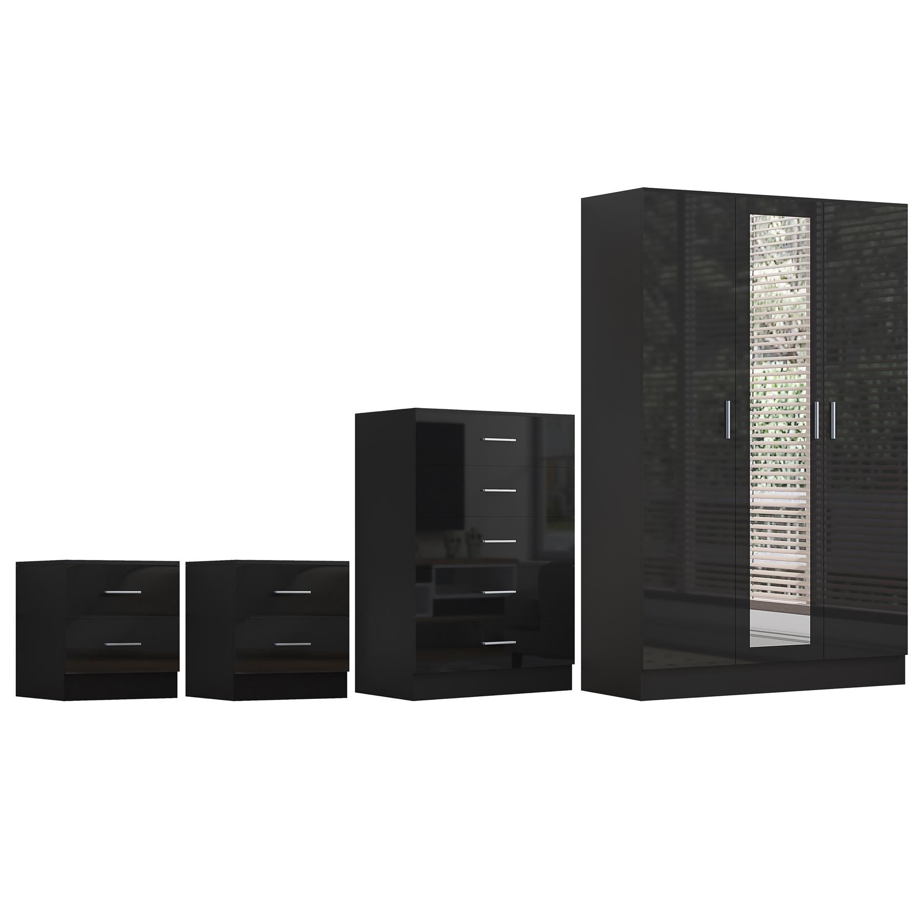 REFLECT Gloss 4pc Set - 3 Door Mirrored Wardrobe + 5 Draw Chest + 2 Bedsides