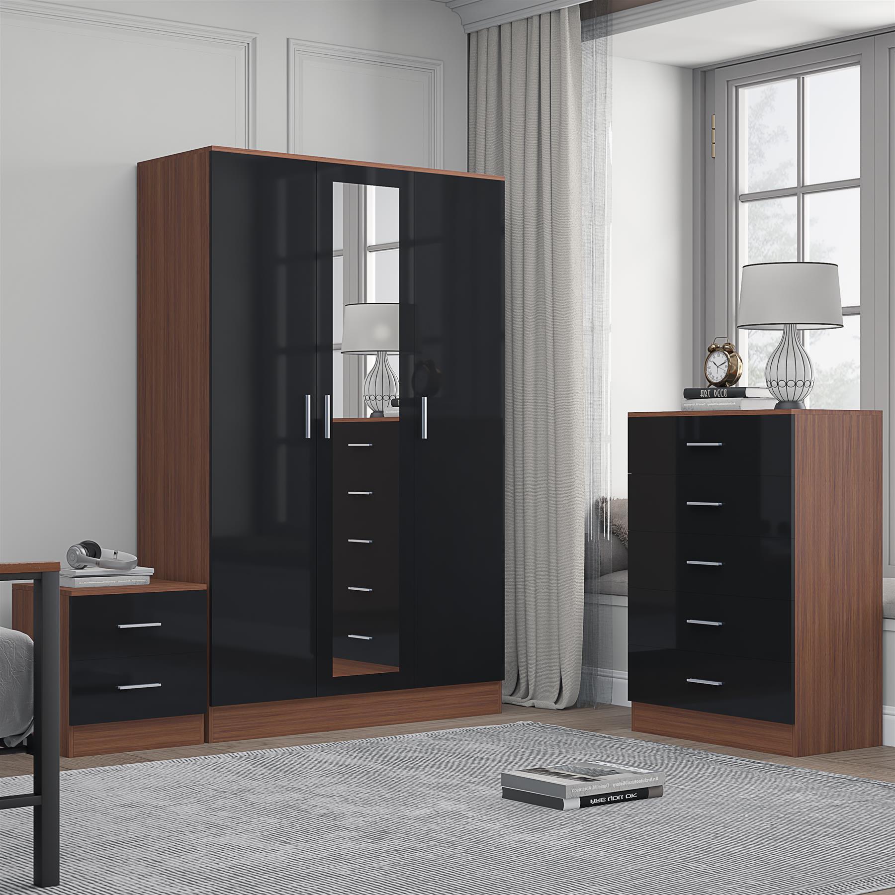 REFLECT Gloss 3pc Set - 3 Door Mirrored Wardrobe + 5 Draw Chest + Bedside