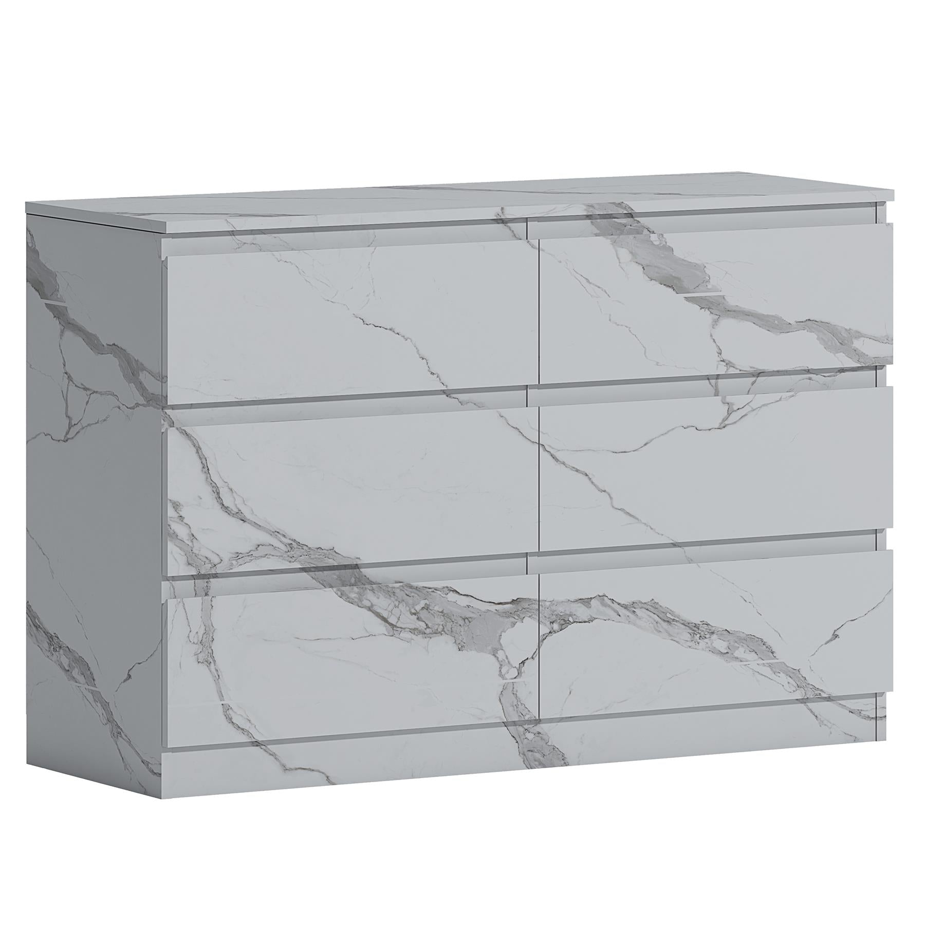 ZITA 6 Drawer Chest - White Marble Effect Wide Storage Unit