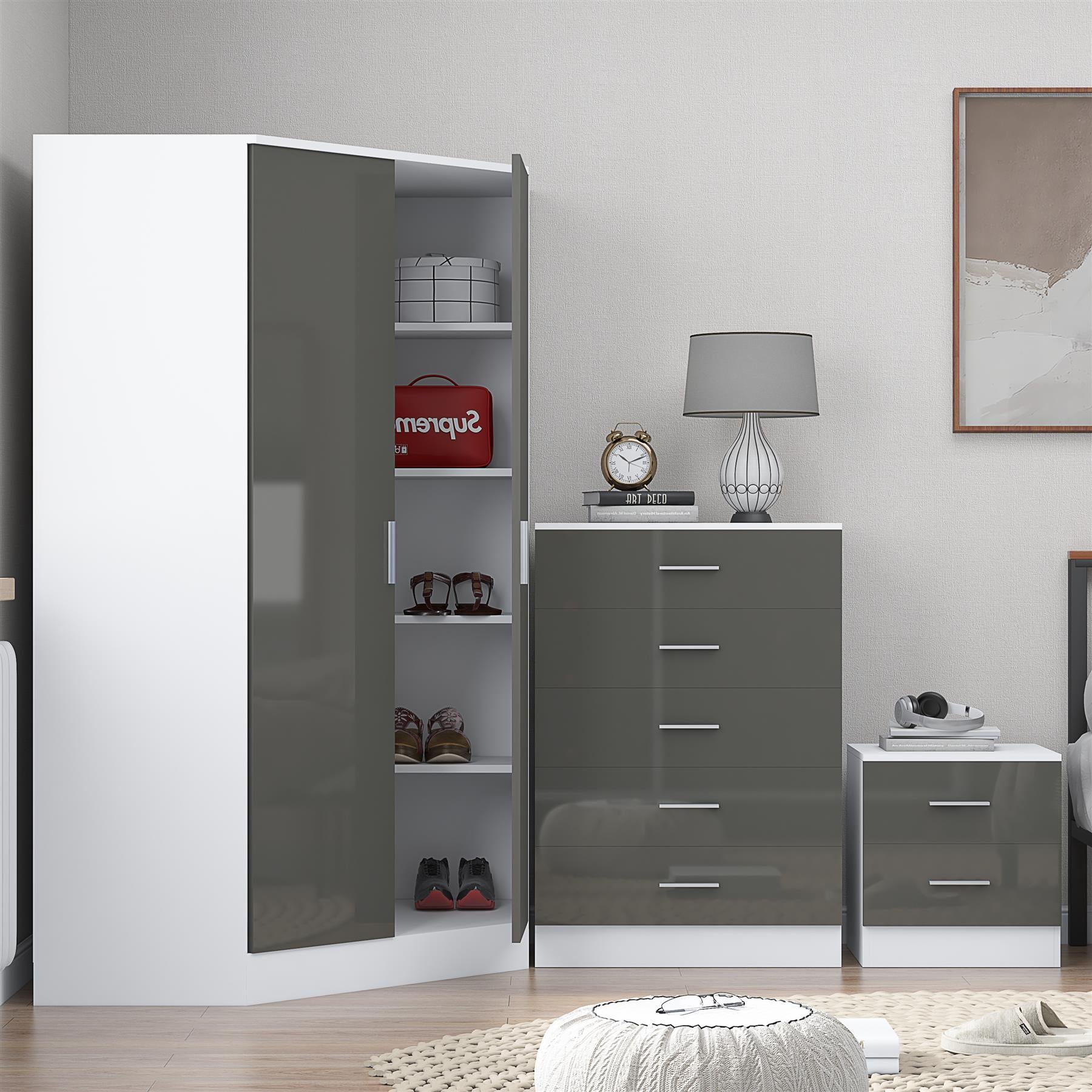 Reflect 2 Door Corner Wardrobe, 5 Drawer Chest, 2 Drawer Bedside - Grey Gloss & Matt White - Bedroom Furniture Set