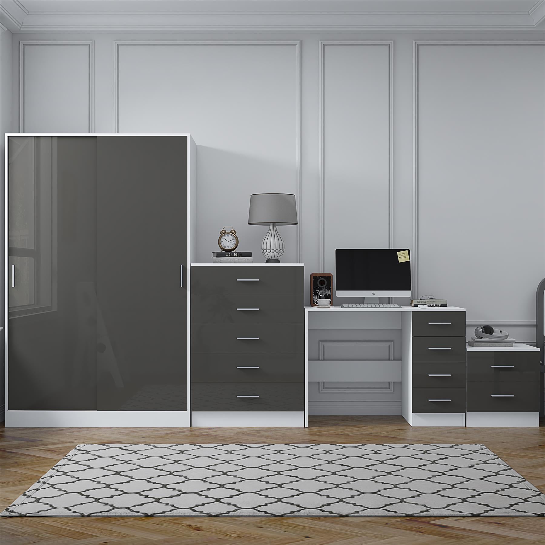 Reflect 2 Door Sliding Wardrobe, 5 Drawer Chest, 2 Drawer Bedside & Desk - Grey Gloss & Matt White - Modern Bedroom Furniture Set