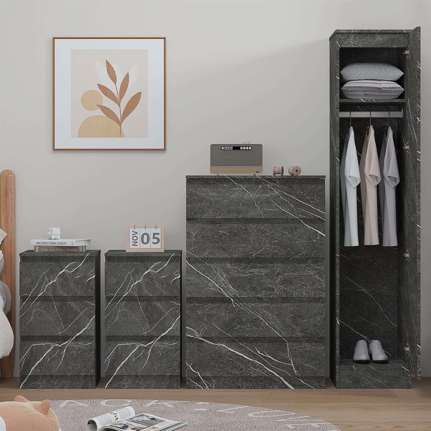 ZITA 4pc Grey Marble Effect Bedroom Set - 1-Door Wardrobe, Tall Chest & 2 Bedside Tables, Stylish Modern Storage Furniture