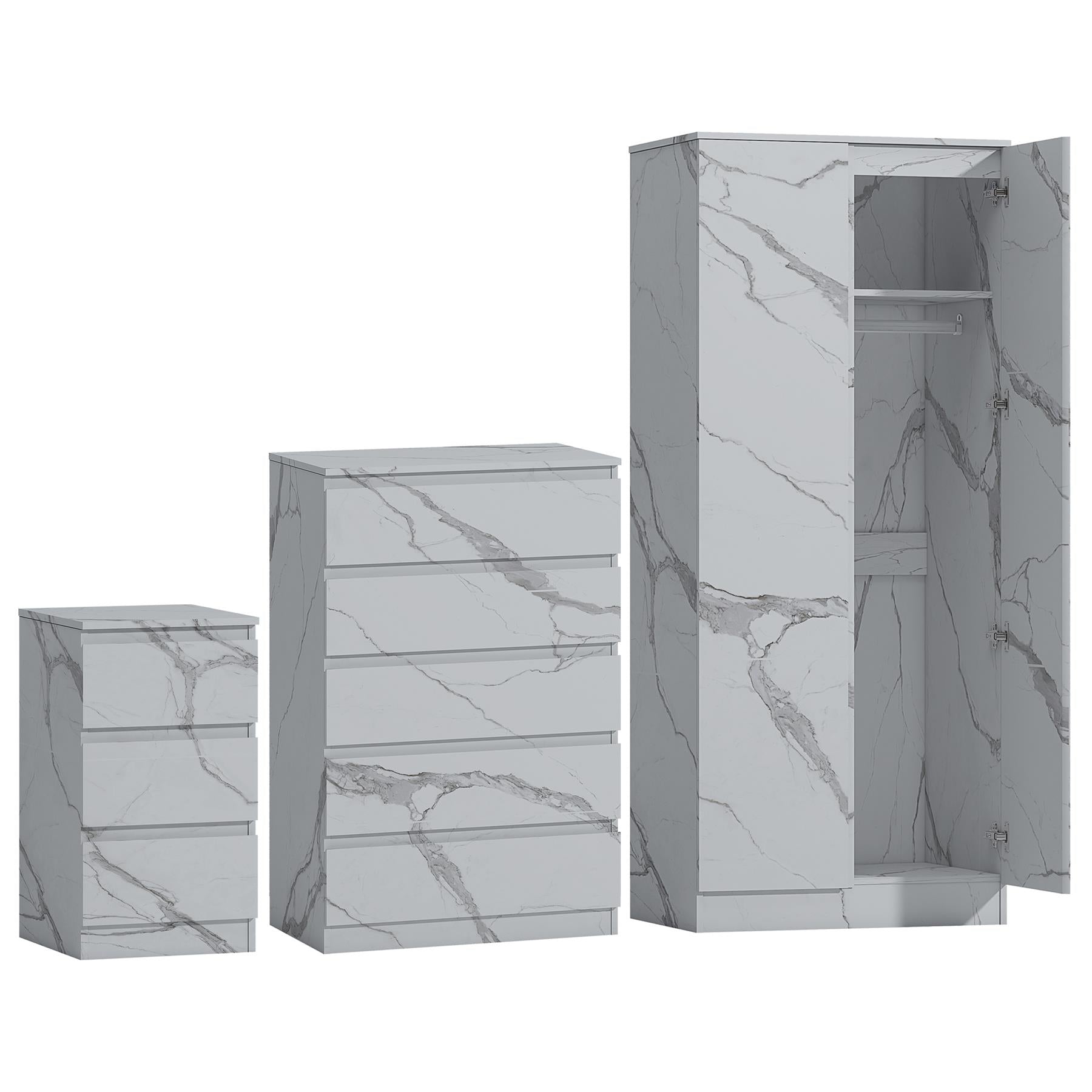 ZITA 3pc Set - 2 Door Wardrobe + Tall Chest + Bedside in White OR Grey Marble