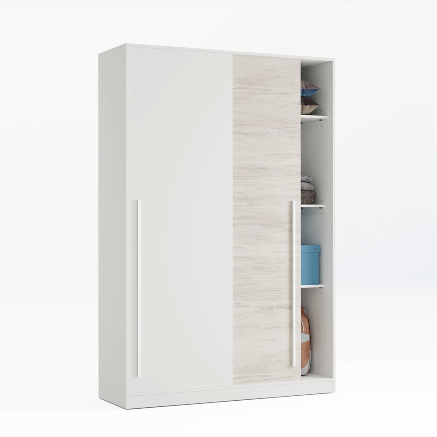 TOP 2 Door Large Modern Sliding Bedroom Wardrobe - White & Light Oak Finish - H: 200cm x W: 120cm x D: 50cm.