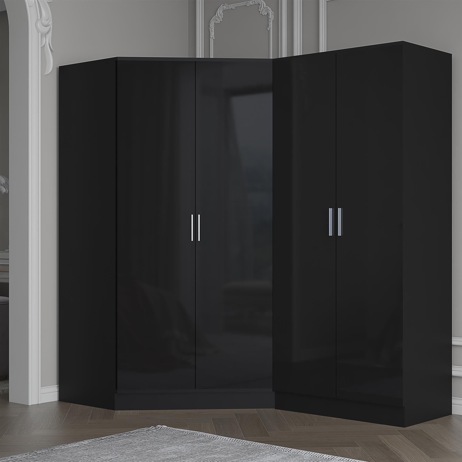 Reflect 2pc Wardrobe Bundle - 2 Door Corner + 2 Door Plain - Black Gloss & Black Oak - H: 180cm x W: 179cm x D: 103cm