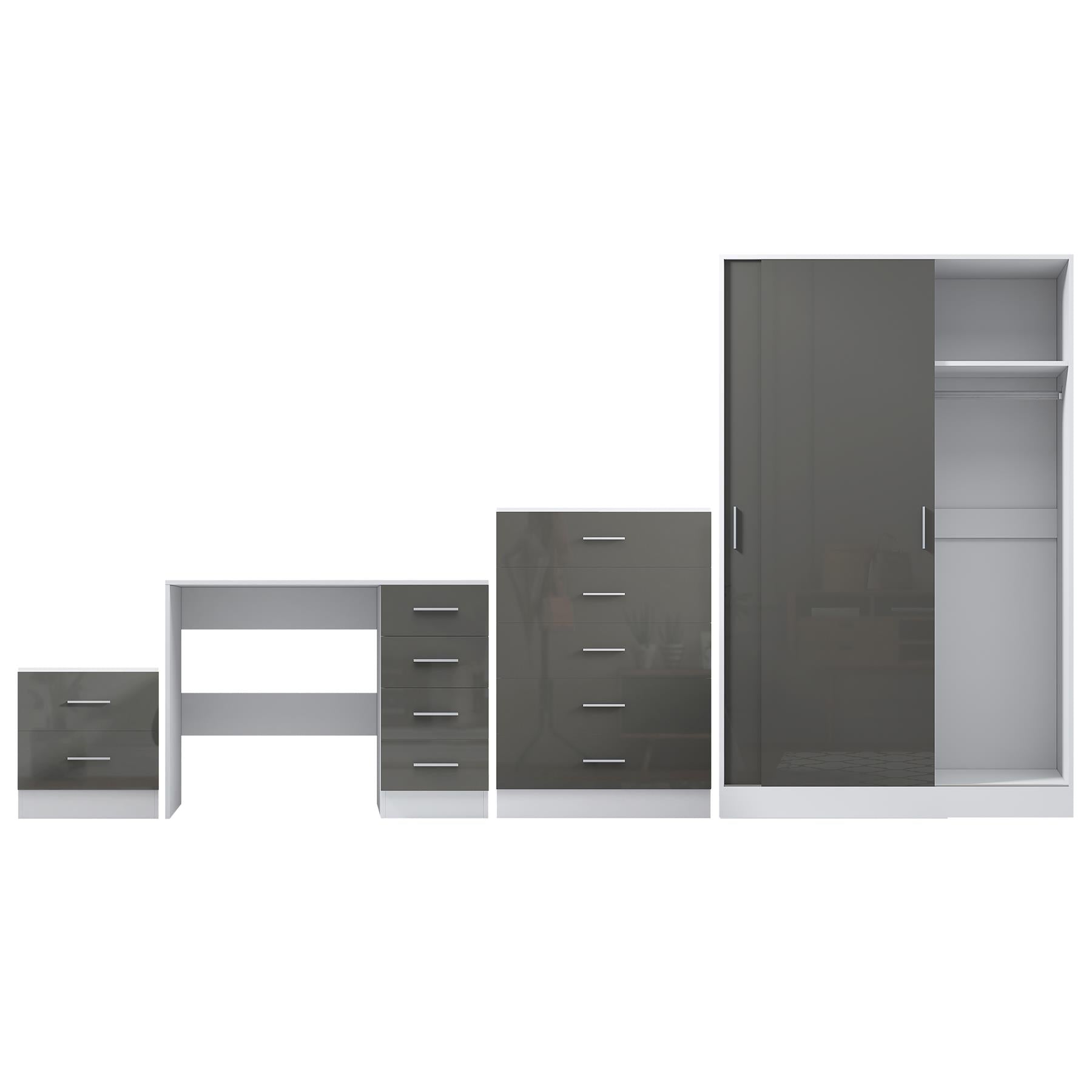 Reflect 2 Door Sliding Wardrobe, 5 Drawer Chest, 2 Drawer Bedside & Desk - Grey Gloss & Matt White - Modern Bedroom Furniture Set