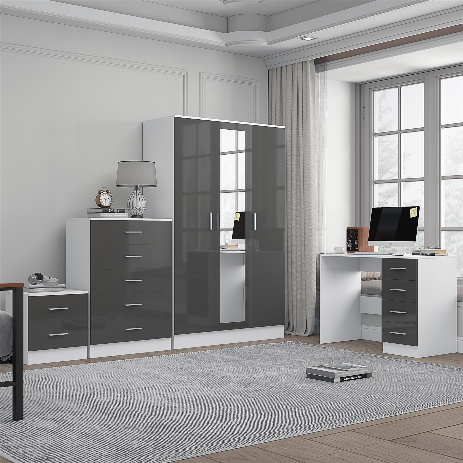 REFLECT Gloss 4pc Set - 3 Door Mirrored Wardrobe + 5 Draw Chest + Bedside + Desk