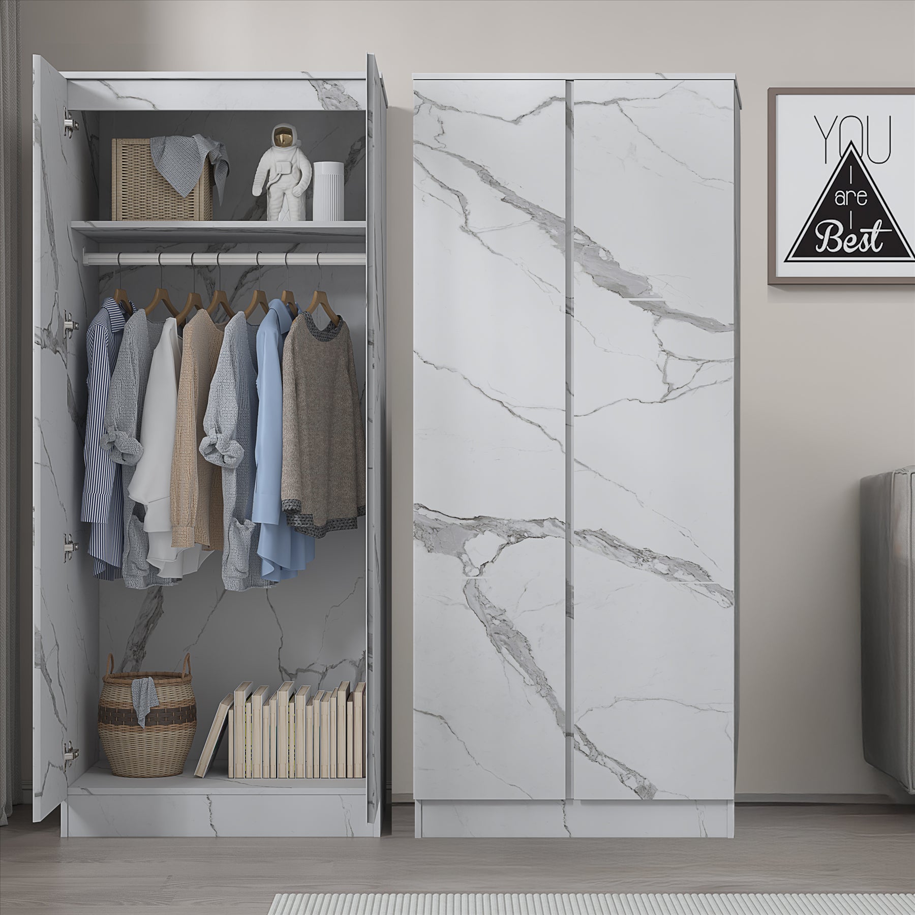 ZITA White Marble Effect 2 Piece Wardrobe Bundle - 2 x 2-Door Wardrobes, (L) 50cm x (W) 76cm x (H) 180cm.