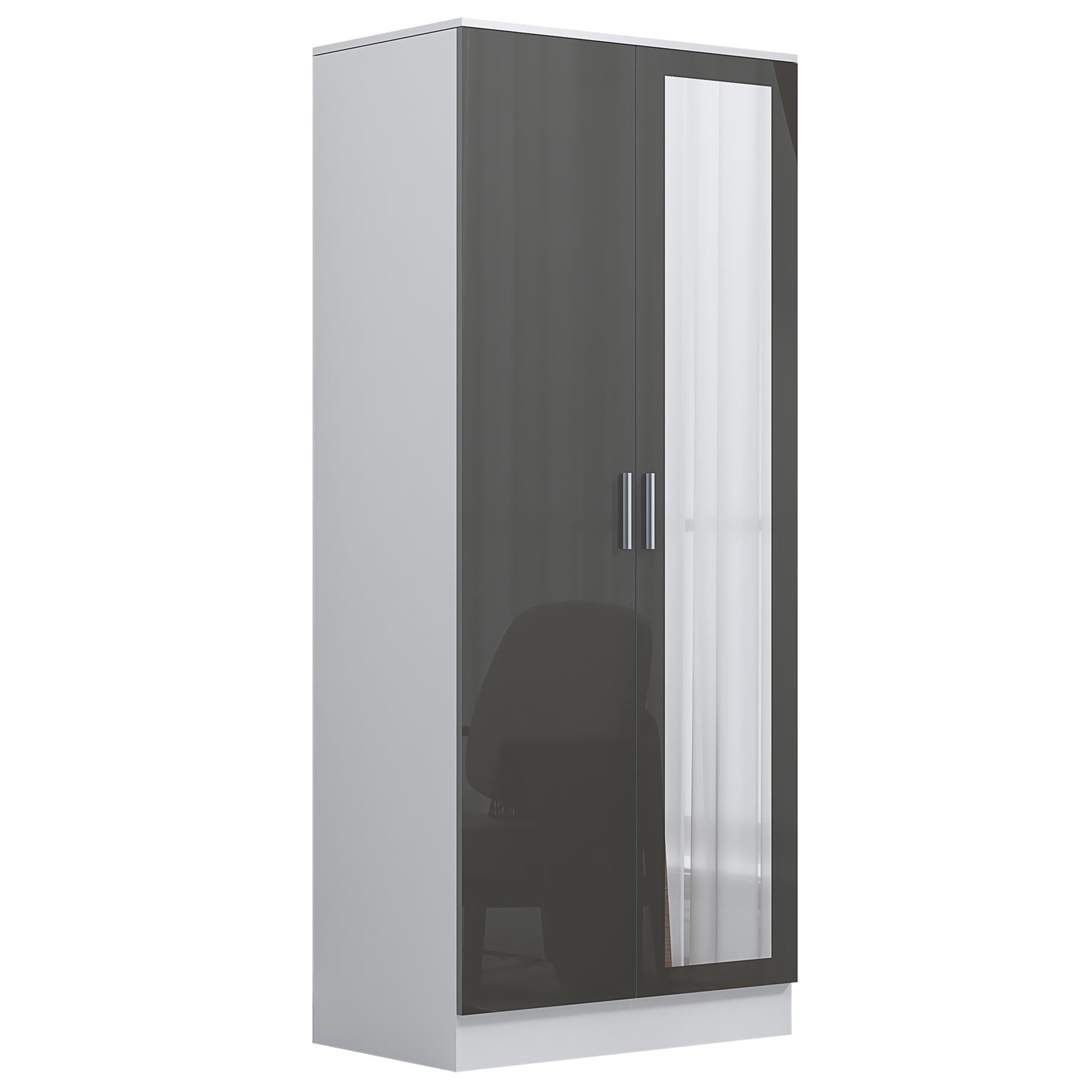 Reflect 2 Door Mirror Wardrobe, 5 Drawer Chest, 2 Drawer Bedside - Grey Gloss & Matt White - Modern Bedroom Furniture Set