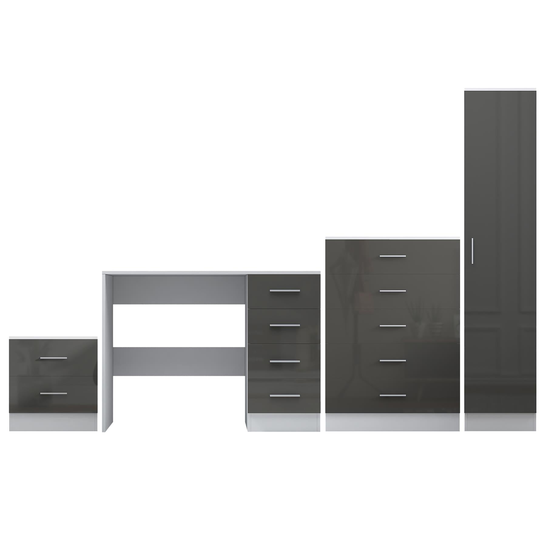 Reflect 1 Door Plain Wardrobe, 5 Drawer Chest, 2 Drawer Bedside & Desk - Grey Gloss & Matt White - Bedroom Furniture Set