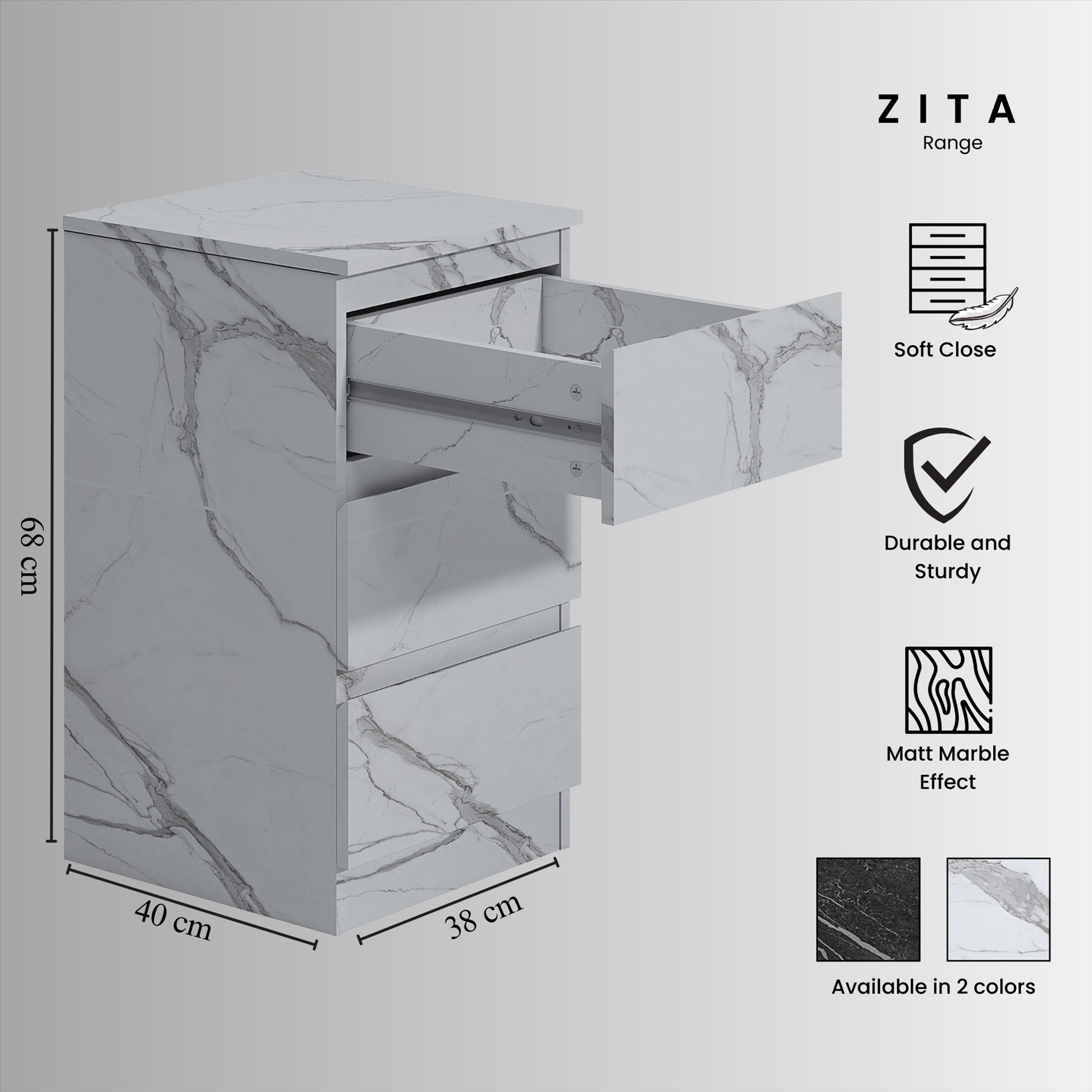 ZITA 3pc Set - 2 Door Wardrobe + Wide Chest + Bedside in White OR Grey Marble