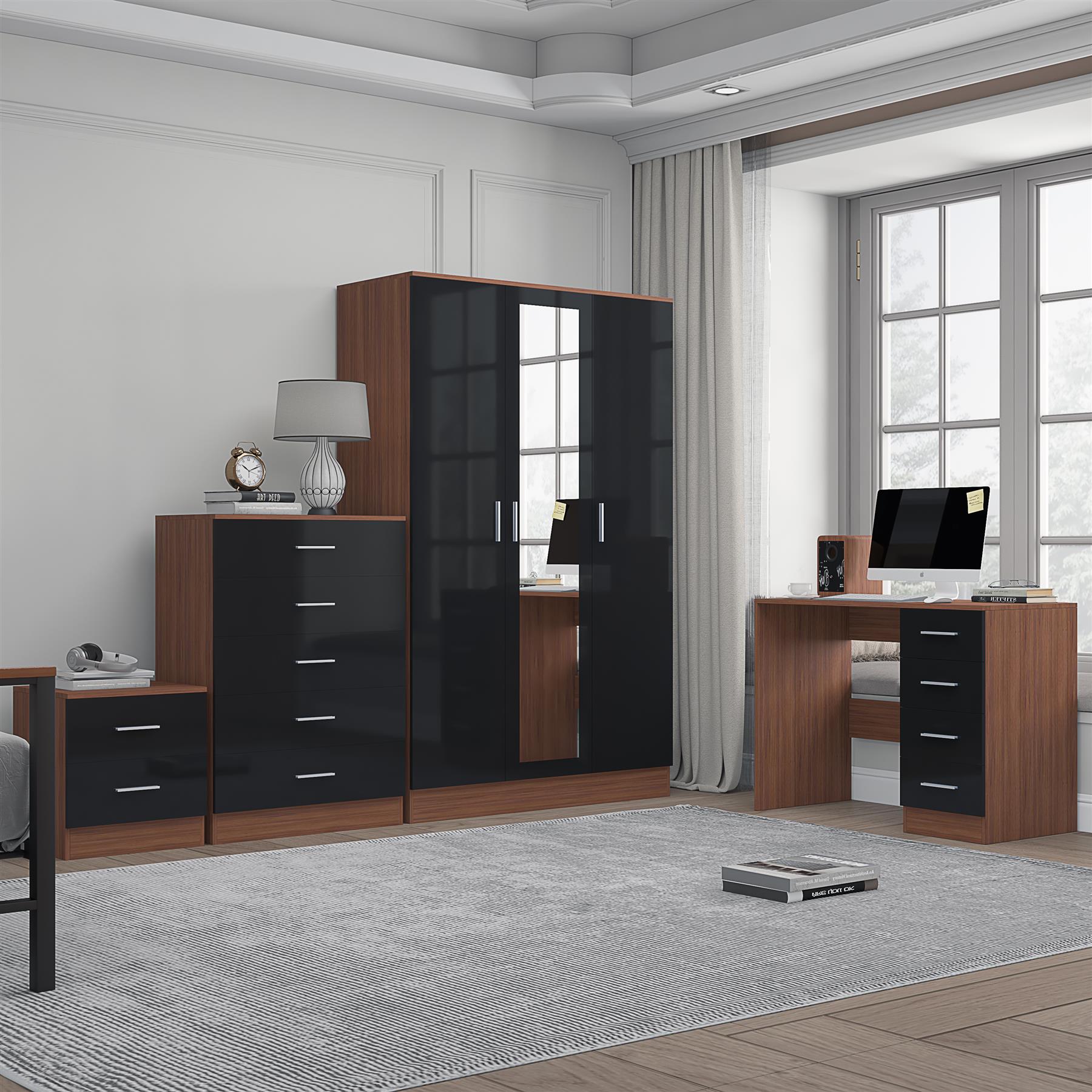 Reflect 3 Door Mirror Wardrobe, 5 Drawer Chest, 2 Drawer Bedside & Desk - Black Gloss & Walnut - Modern Bedroom Furniture Set