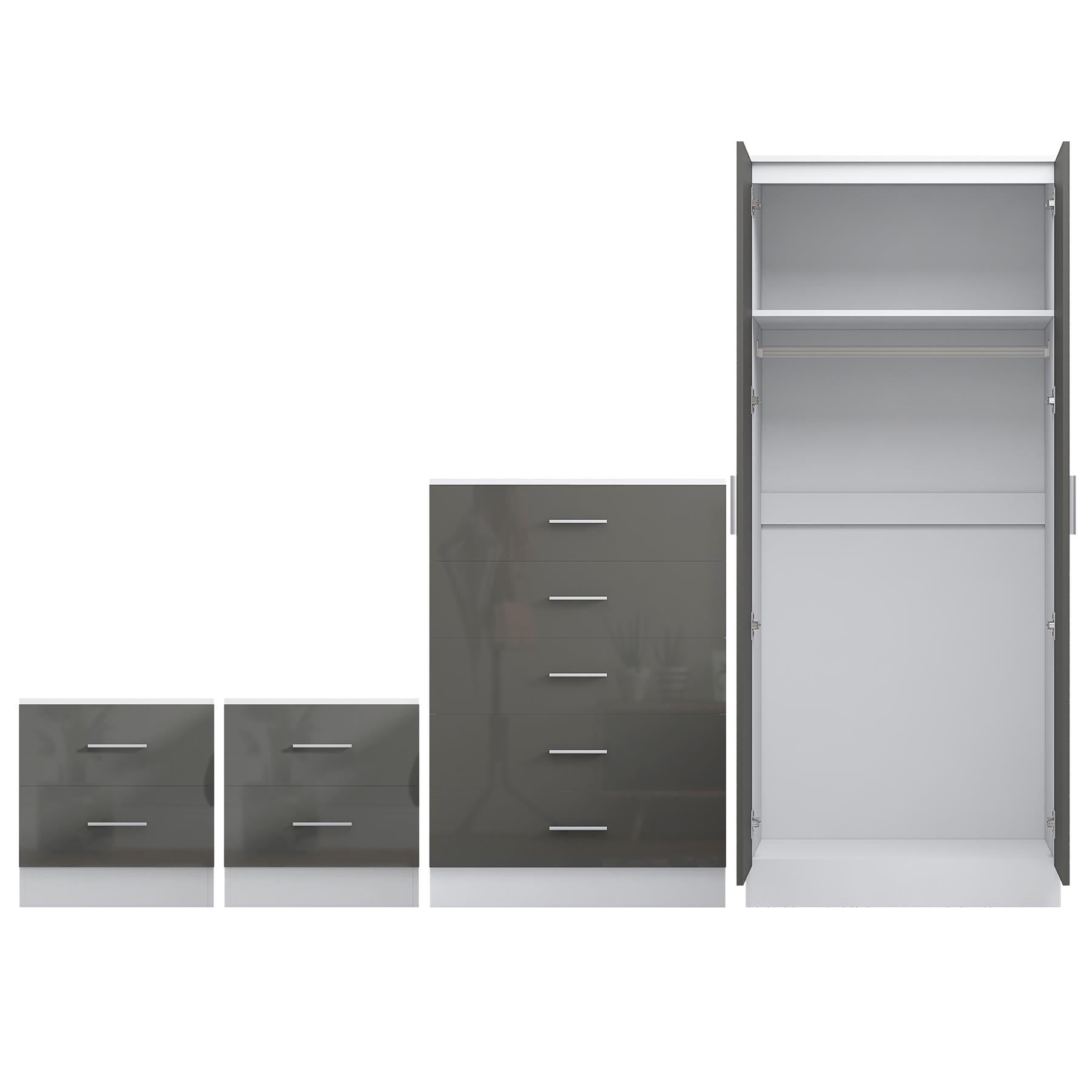 Reflect 2 Door Mirror Wardrobe, 5 Drawer Chest, 2x 2 Drawer Bedsides - Grey Gloss & Matt White - Modern Bedroom Furniture Set