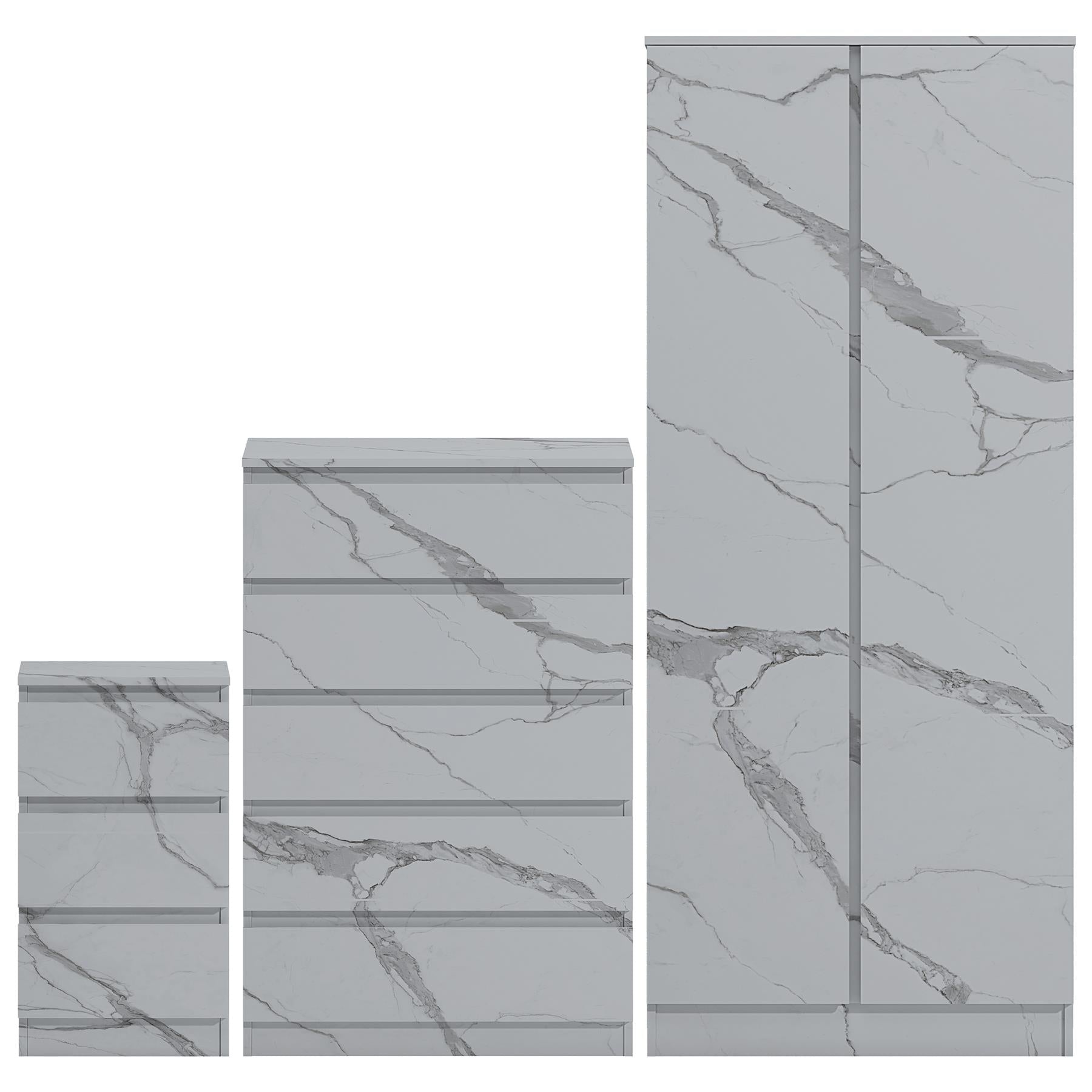 ZITA White Marble Effect 3 Piece Set - 2 Door Wardrobe, 5 Drawer Chest & 3 Drawer Bedside, Stylish Bedroom Storage