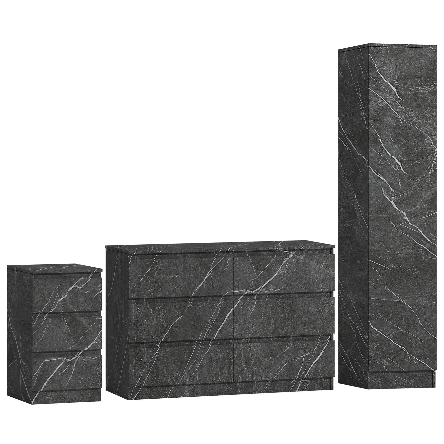 ZITA Grey Marble Effect 3 Piece Bedroom Set - 1-Door Wardrobe, Wide Chest & Bedside Table, Stylish Modern Bedroom Furniture
