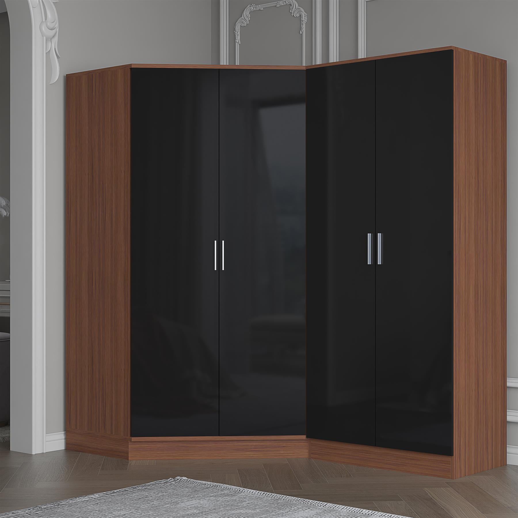 Reflect 2pc Wardrobe Bundle - 2 Door Corner + 2 Door Plain - Black Gloss & Walnut - H: 180cm x W: 179cm x D: 103cm