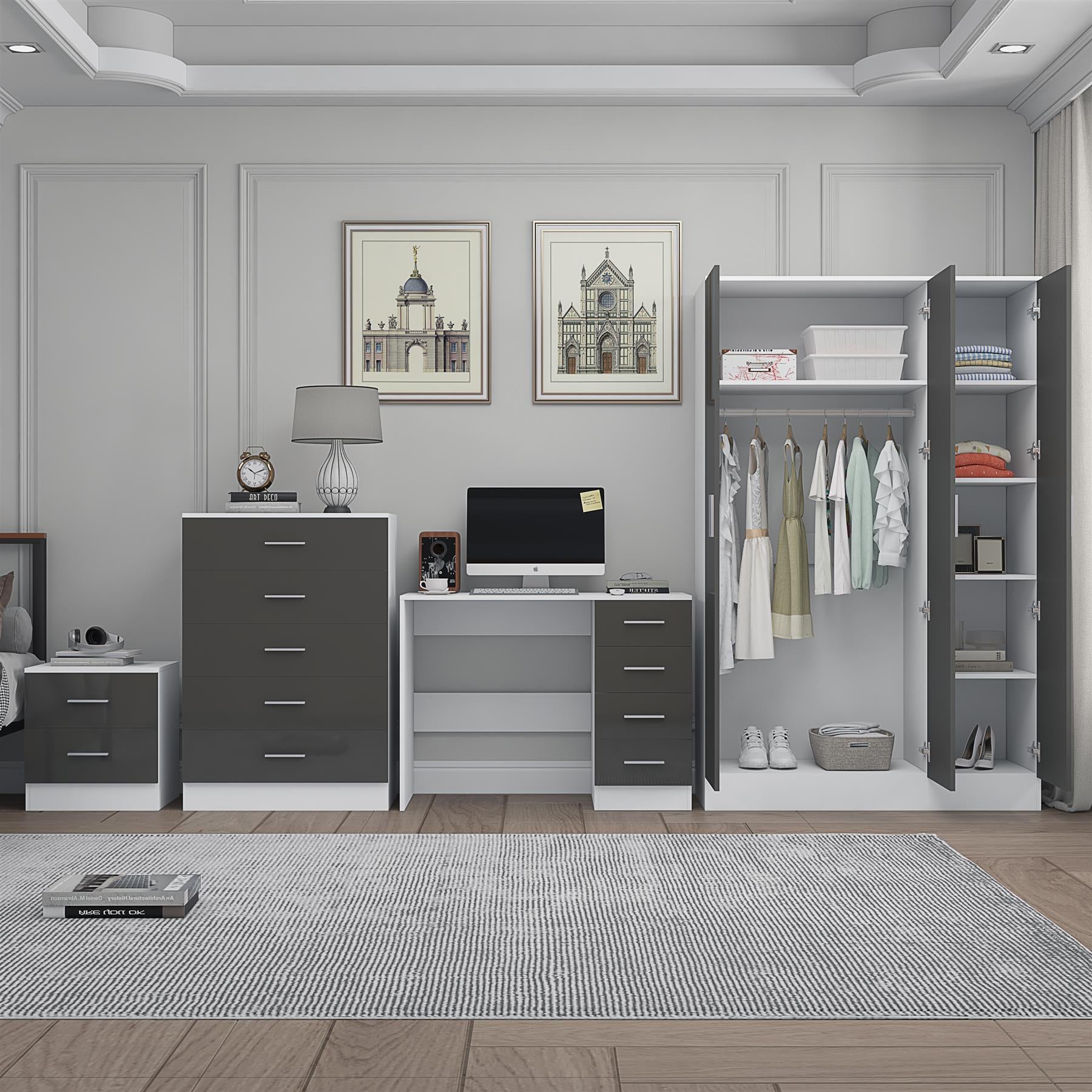 REFLECT Gloss 4pc Set - 3 Door Mirrored Wardrobe + 5 Draw Chest + Bedside + Desk