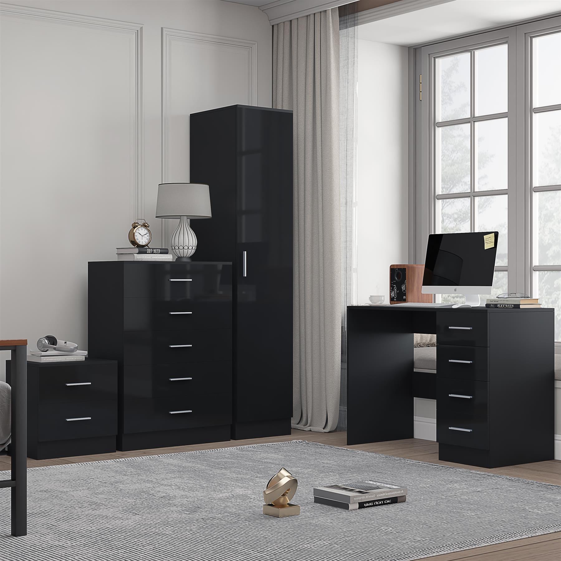 Reflect 1 Door Plain Wardrobe, 5 Drawer Chest, 2 Drawer Bedside & Desk - Black Gloss & Black Oak - Bedroom Furniture Set