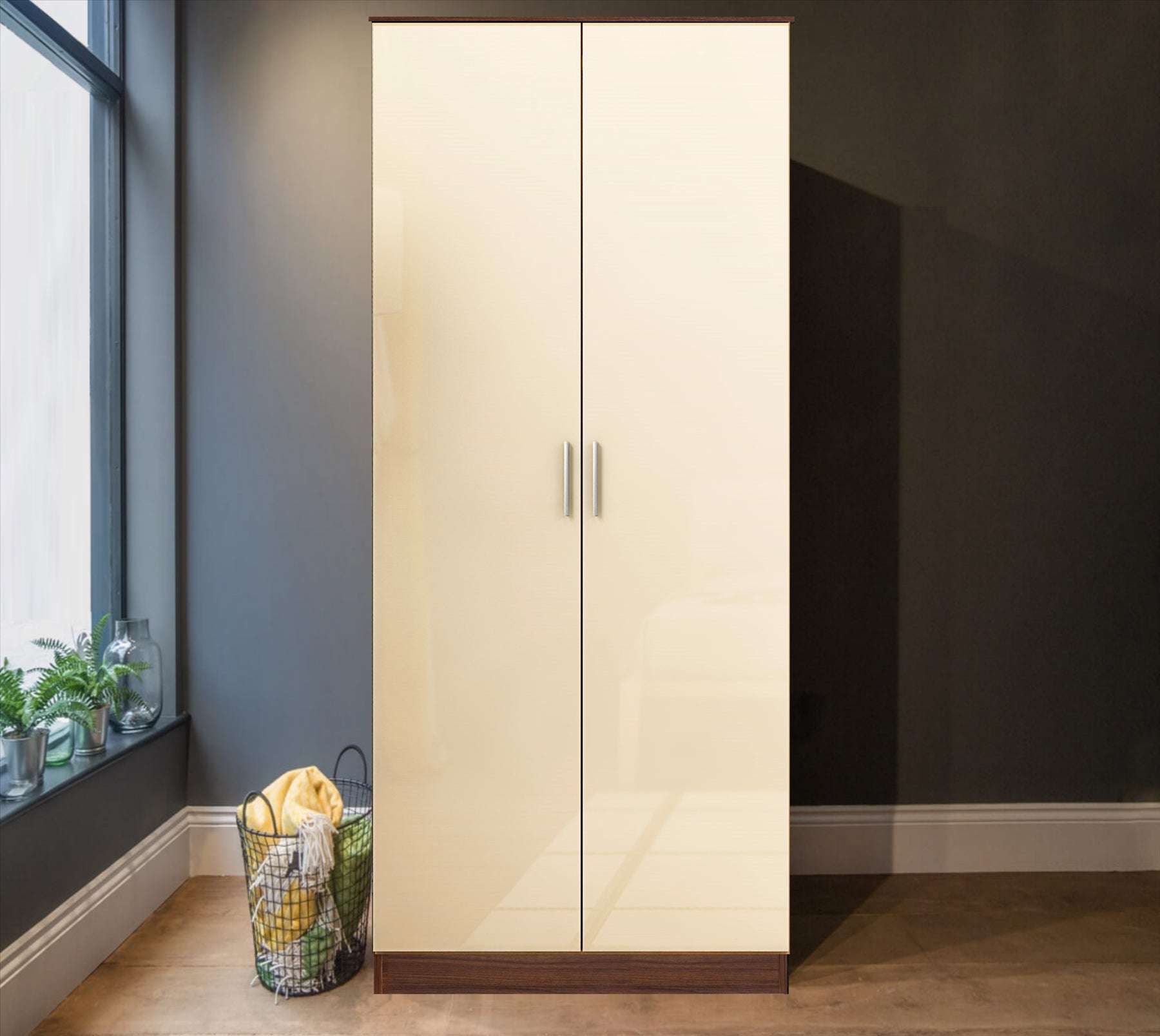 Reflect 2 Door Plain Wardrobe - Cream Gloss & Walnut - Hanging Rails & Shelves - H: 180cm x W: 76cm - Modern Sleek Design