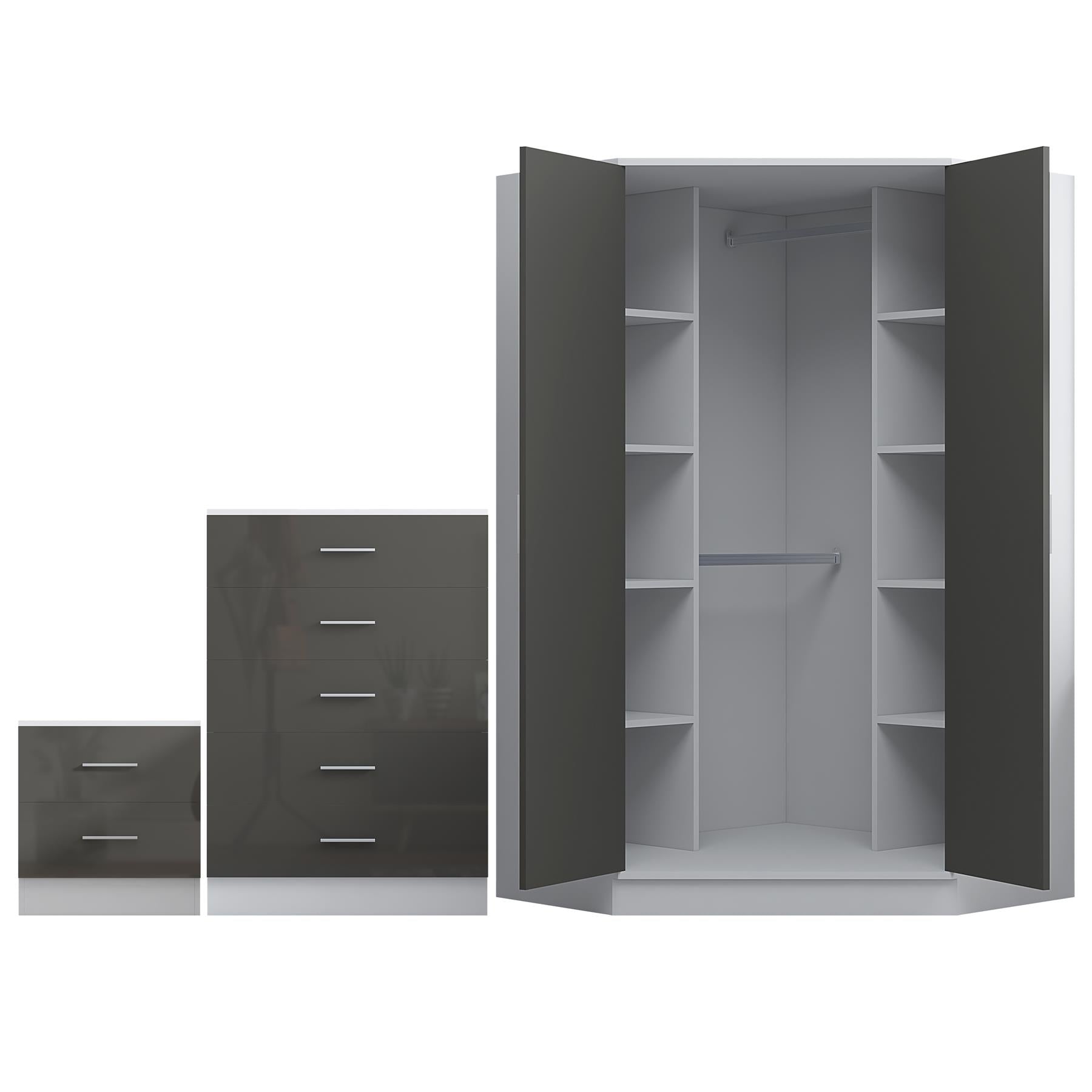 Reflect 2 Door Corner Wardrobe, 5 Drawer Chest, 2 Drawer Bedside - Grey Gloss & Matt White - Bedroom Furniture Set