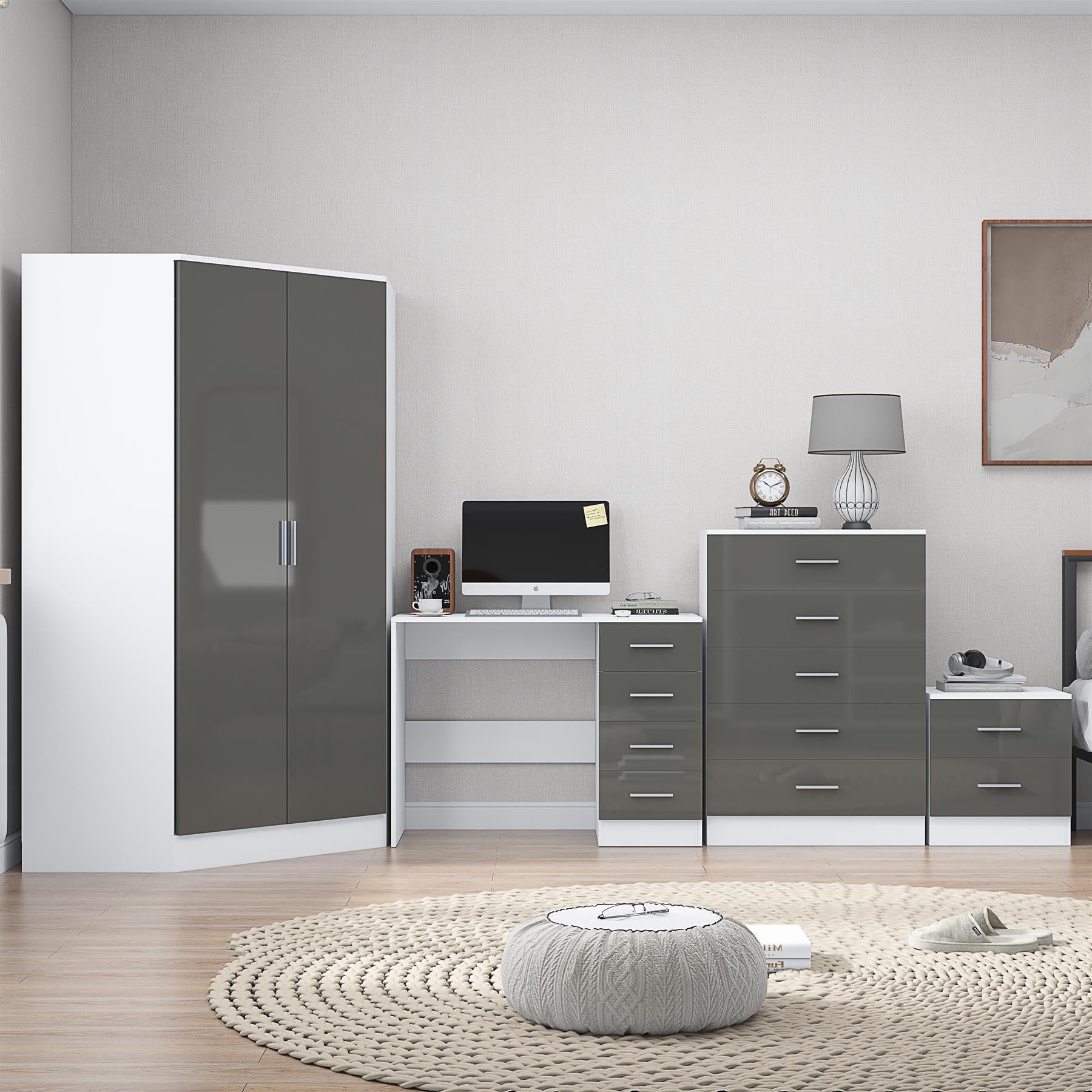 Reflect 2 Door Corner Wardrobe, 5 Drawer Chest, 2 Drawer Bedside & Desk - Grey Gloss & Matt White - Bedroom Furniture Set