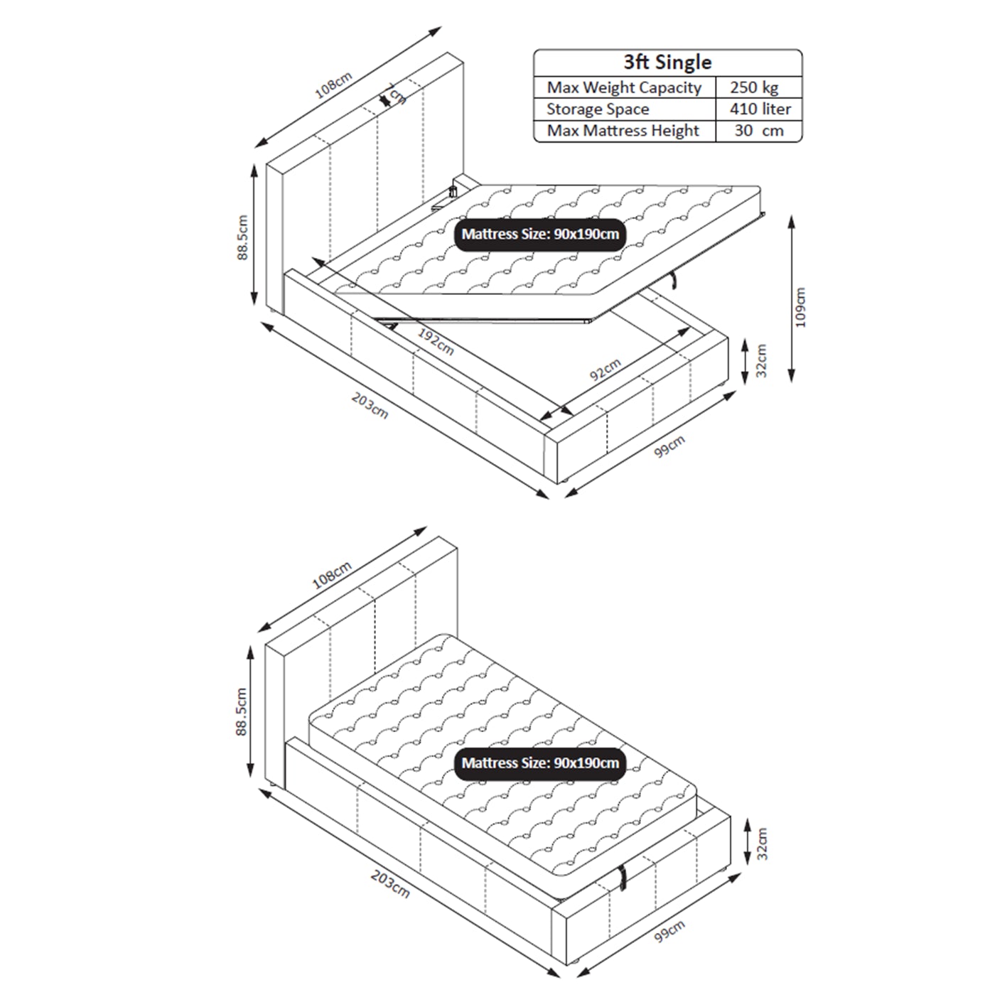 TEDDY Boucle Gas Lift Ottoman Storage Bed in White with 4 Size + Mattress Option