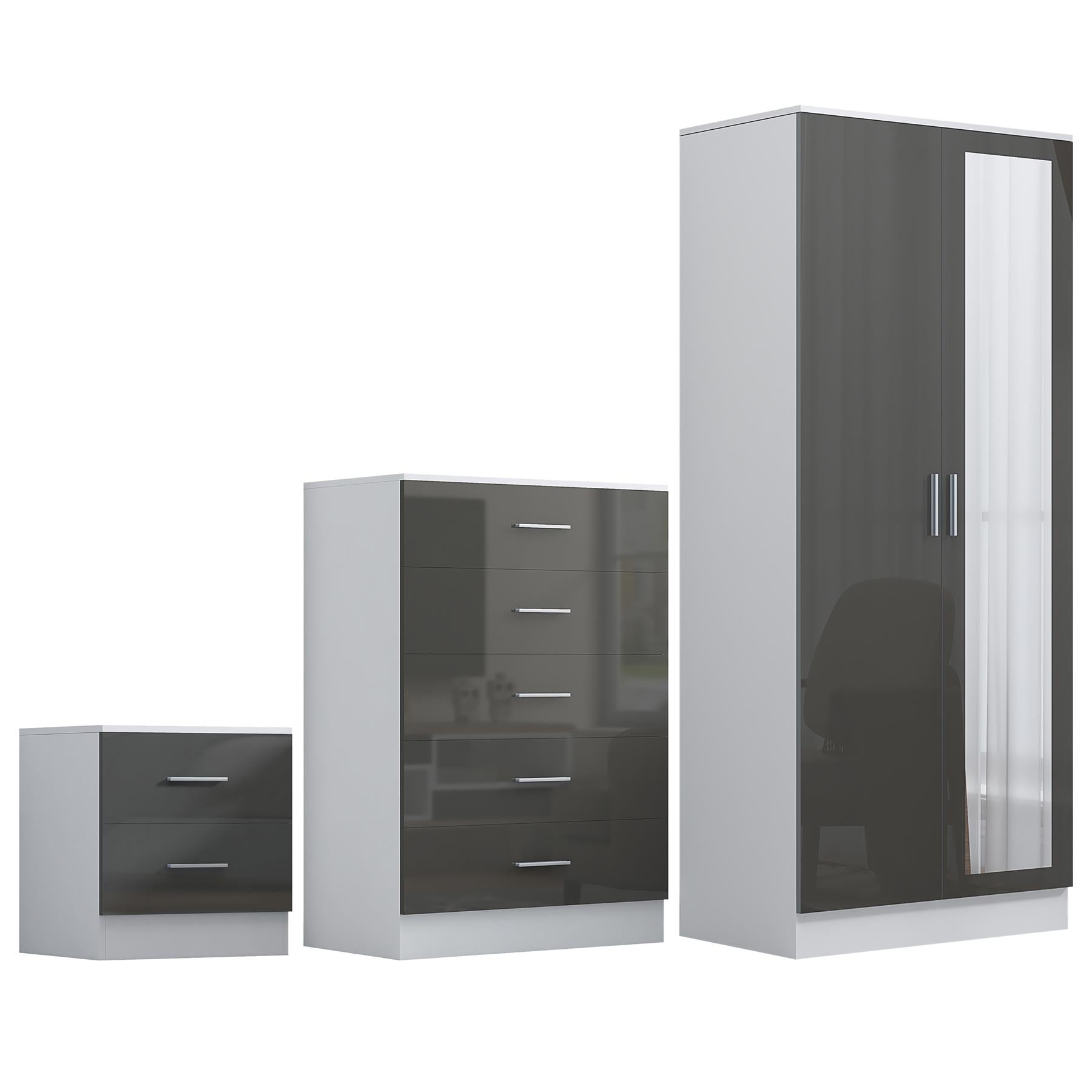 Reflect 2 Door Mirror Wardrobe, 5 Drawer Chest, 2 Drawer Bedside - Grey Gloss & Matt White - Modern Bedroom Furniture Set