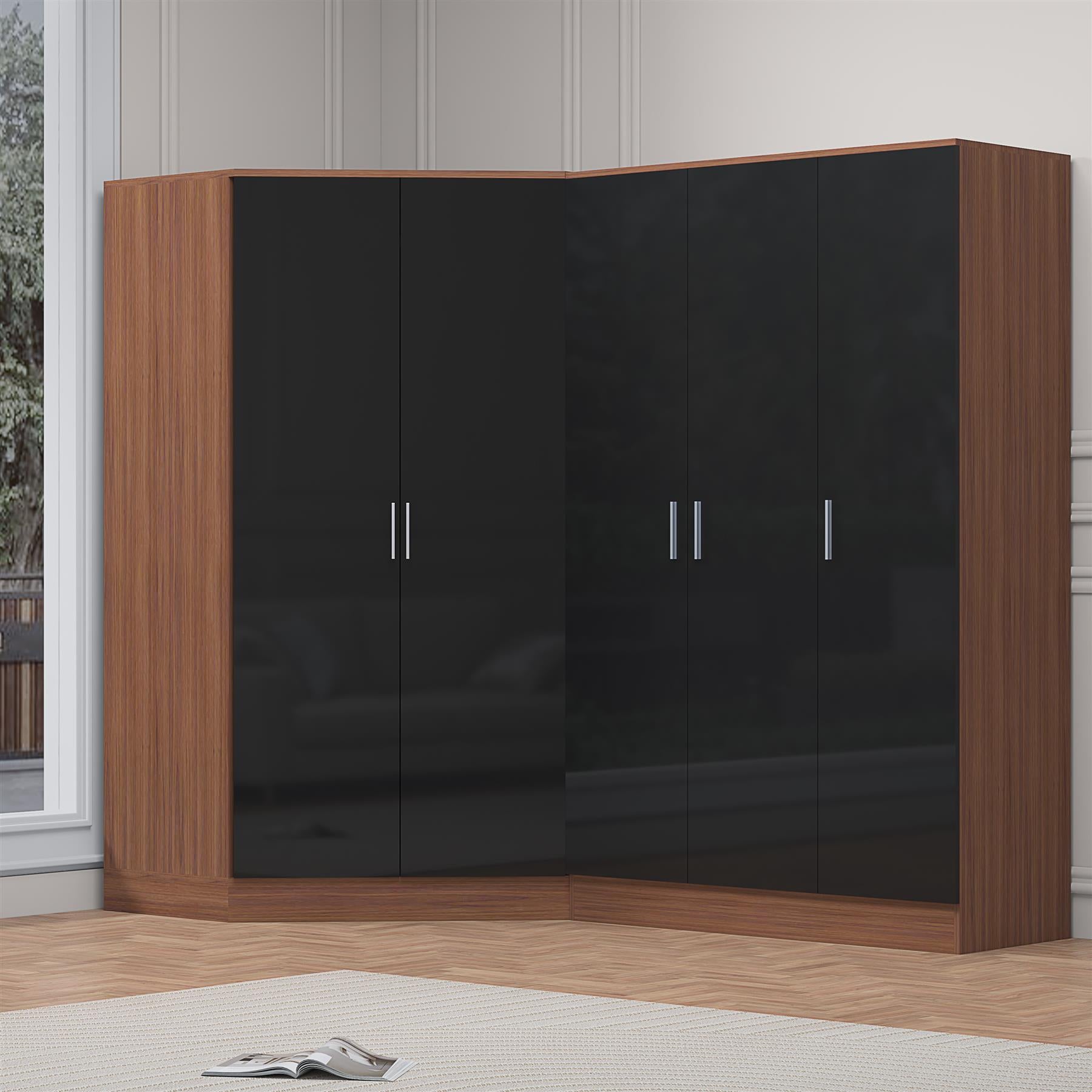 Reflect 2pc Wardrobe Bundle - 2 Door Corner + 3 Door Plain - Black Gloss & Walnut - H: 180cm x W: 179cm x D: 103cm