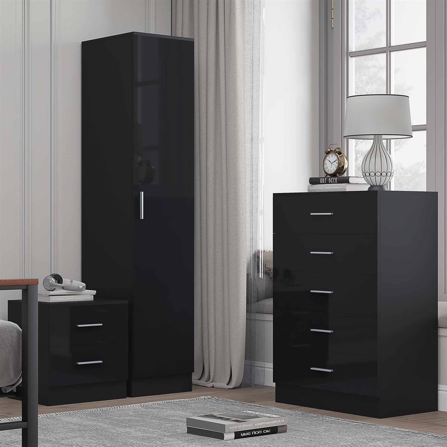 Reflect 1 Door Plain Wardrobe, 5 Drawer Chest, 2 Drawer Bedside - Black Gloss & Black Oak - Bedroom Furniture Set