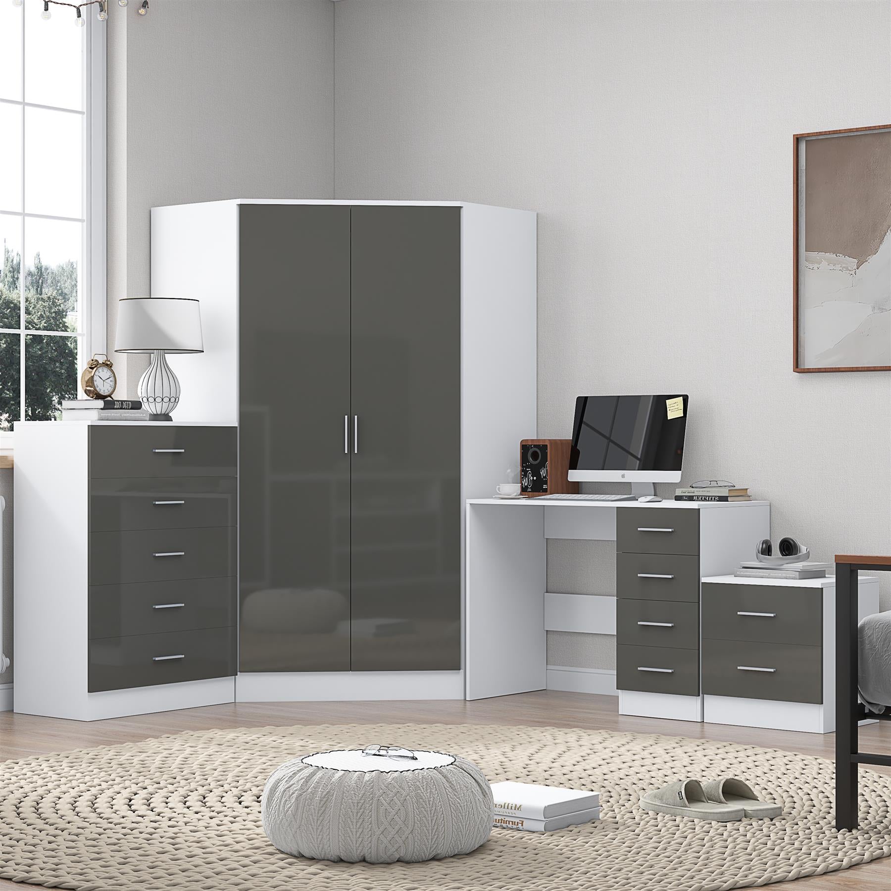 REFLECT Gloss 4pc Set - 2 Door Corner Wardrobe + 5 Draw Chest + Bedside + Desk