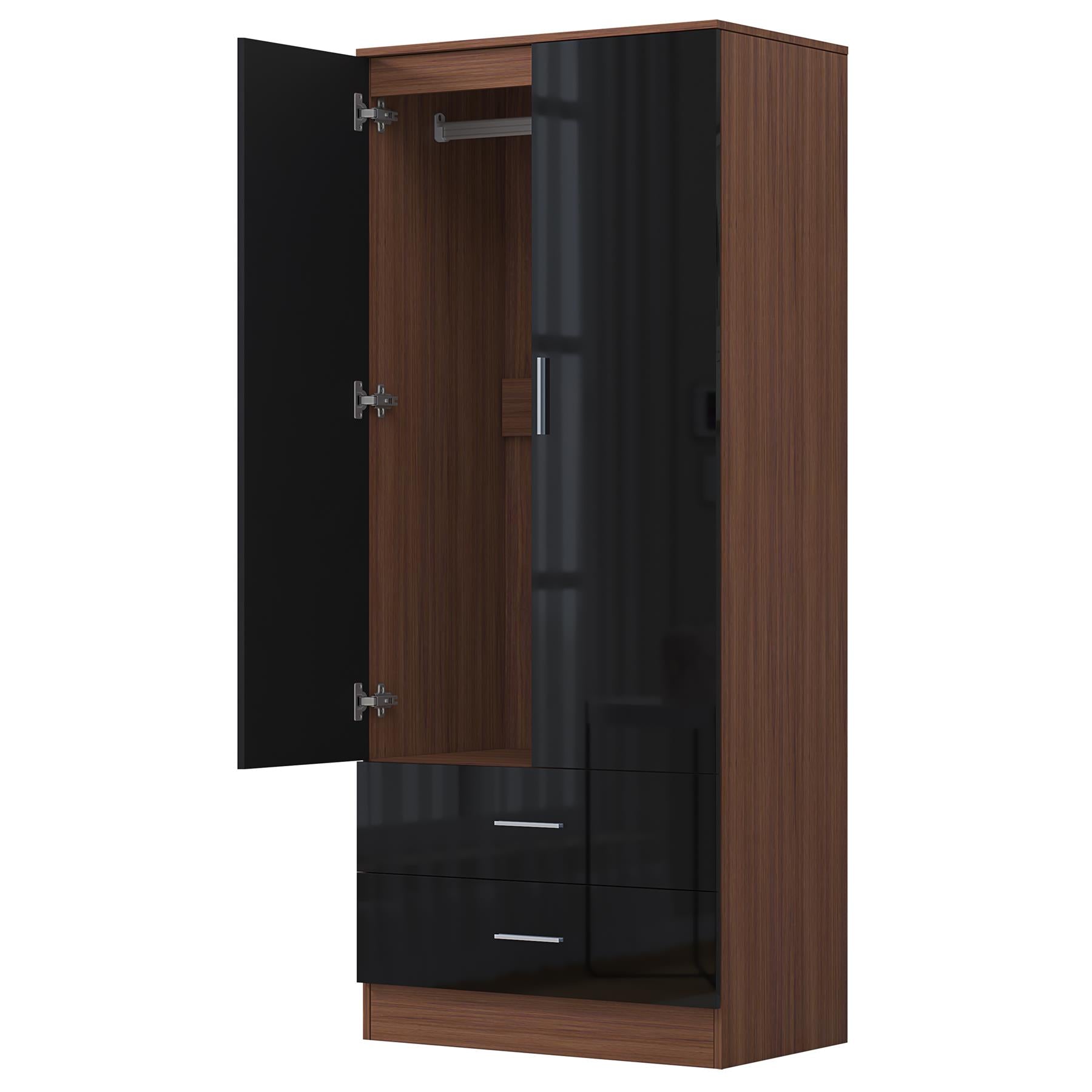 REFLECT High Gloss Bedroom Furniture Wardrobe Chest Bedside Desk - Black/Walnut