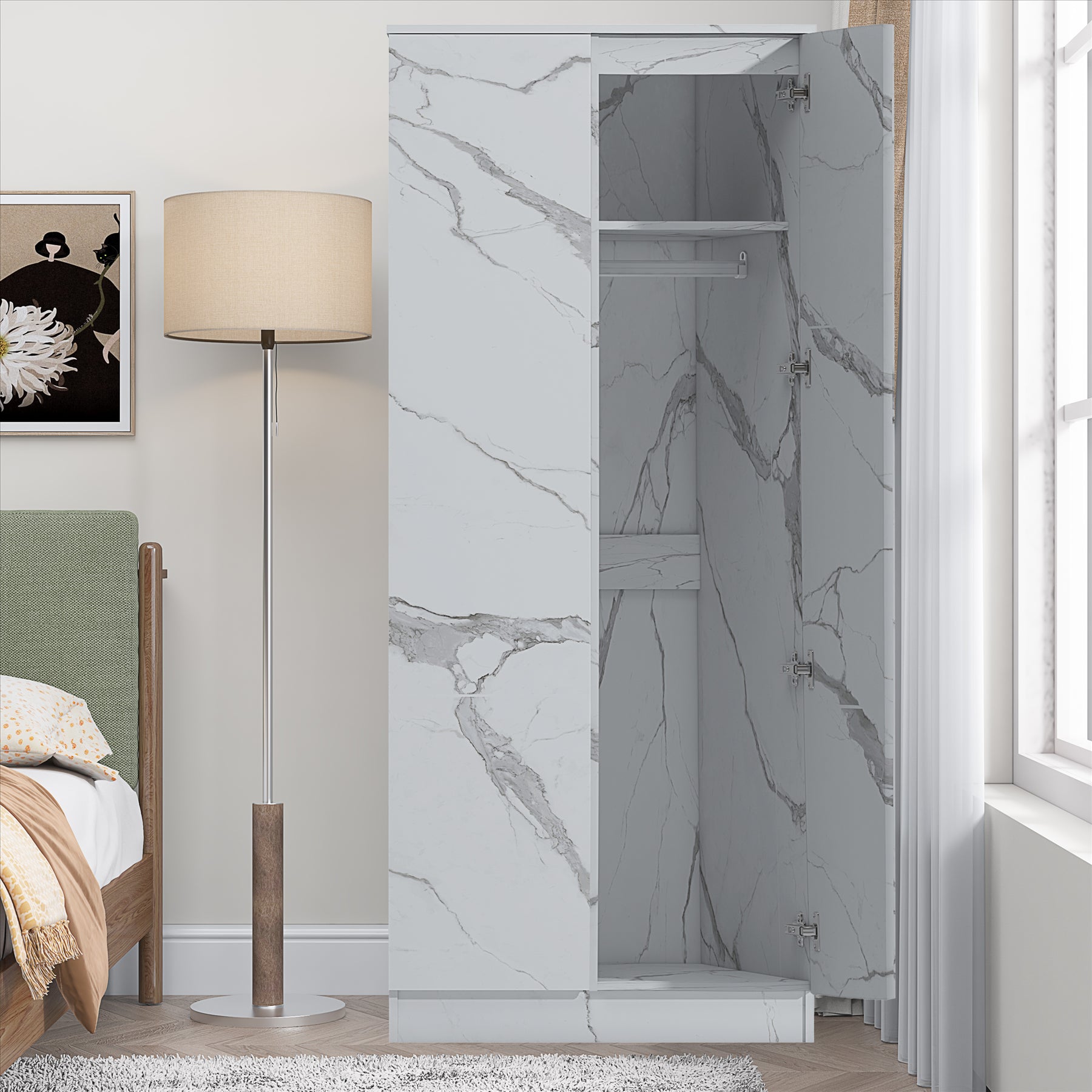 ZITA 2 Door PLAIN Wardrobe - White Marble Effect