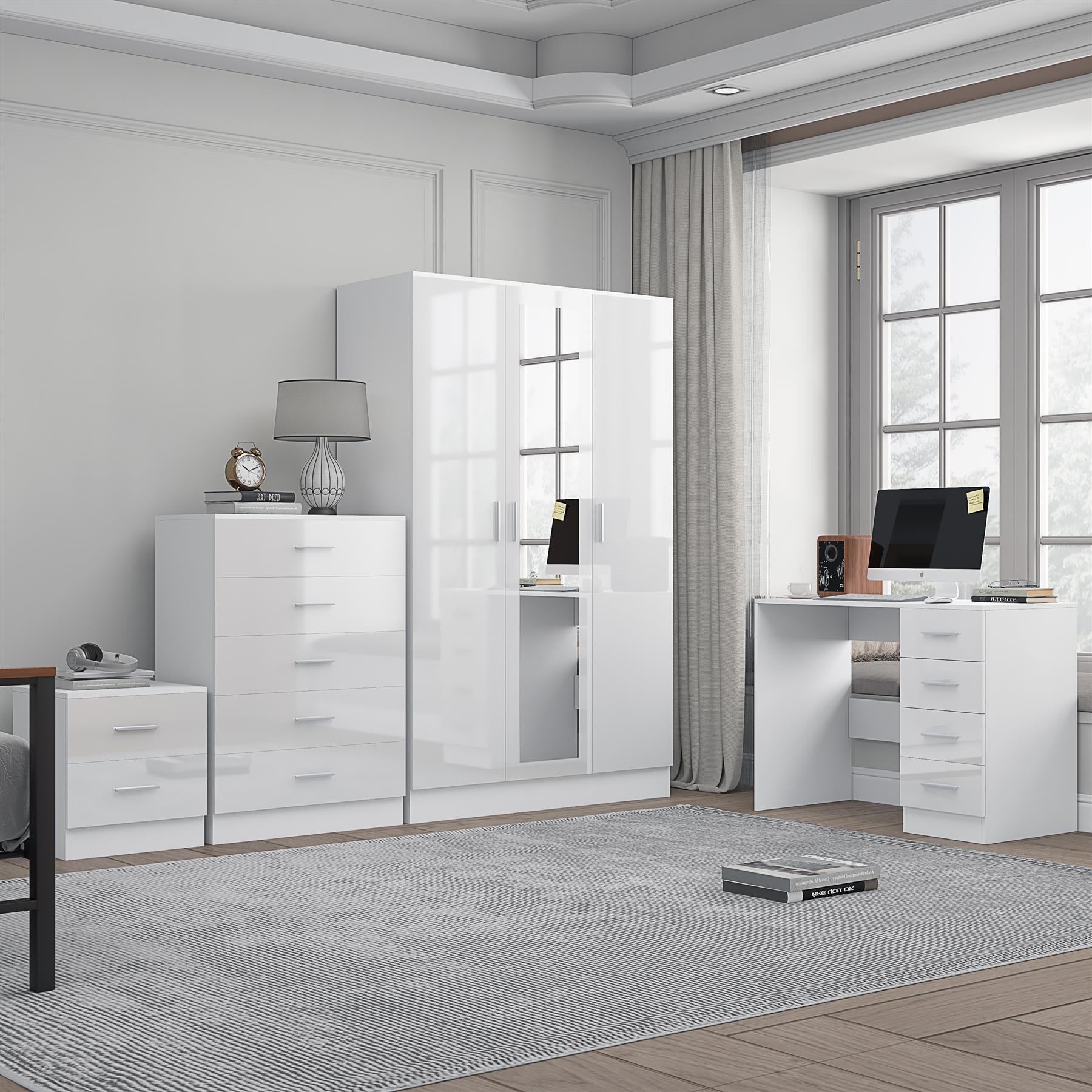 REFLECT Gloss 4pc Set - 3 Door Mirrored Wardrobe + 5 Draw Chest + Bedside + Desk
