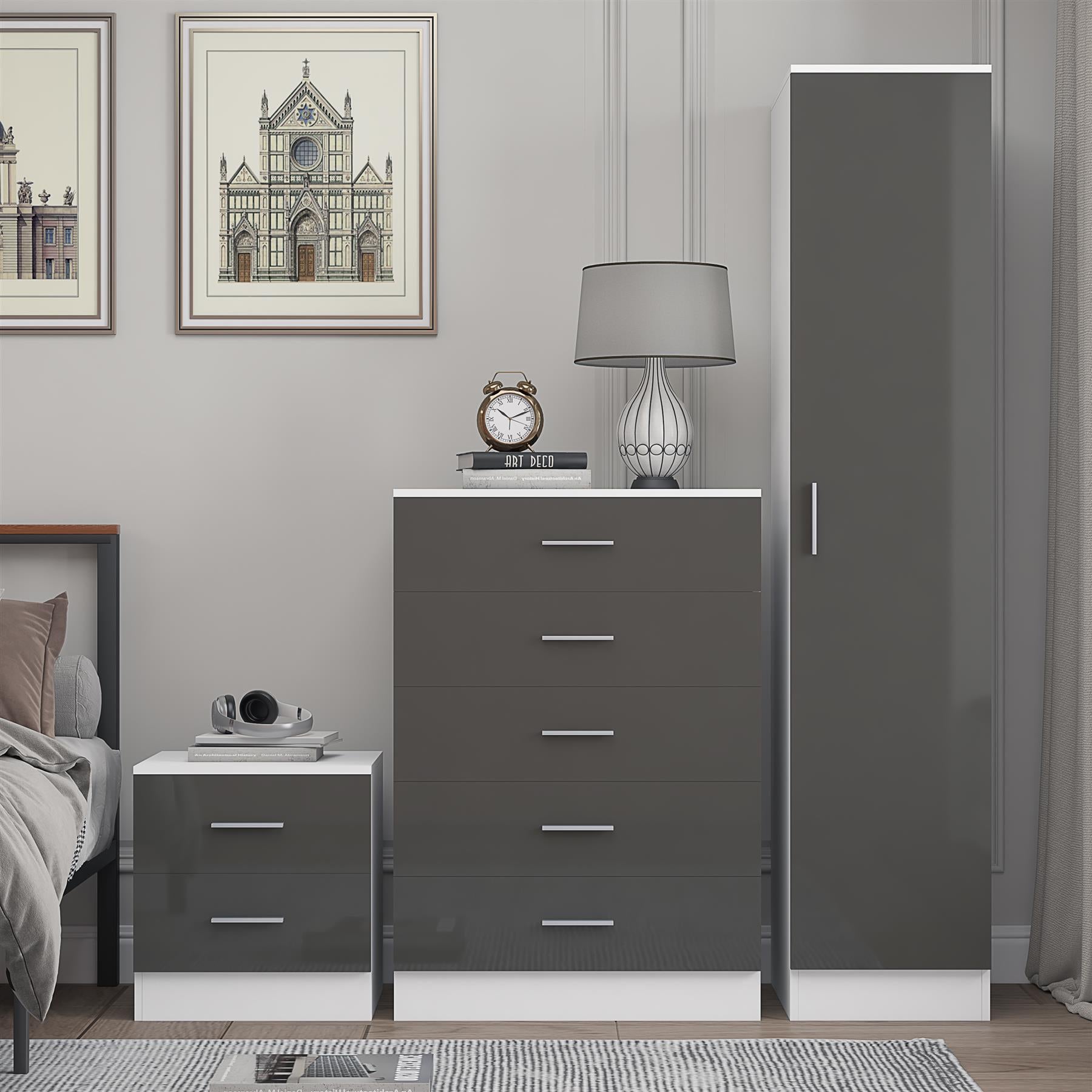Reflect 1 Door Plain Wardrobe, 5 Drawer Chest, 2 Drawer Bedside - Grey Gloss & Matt White - Bedroom Furniture Set