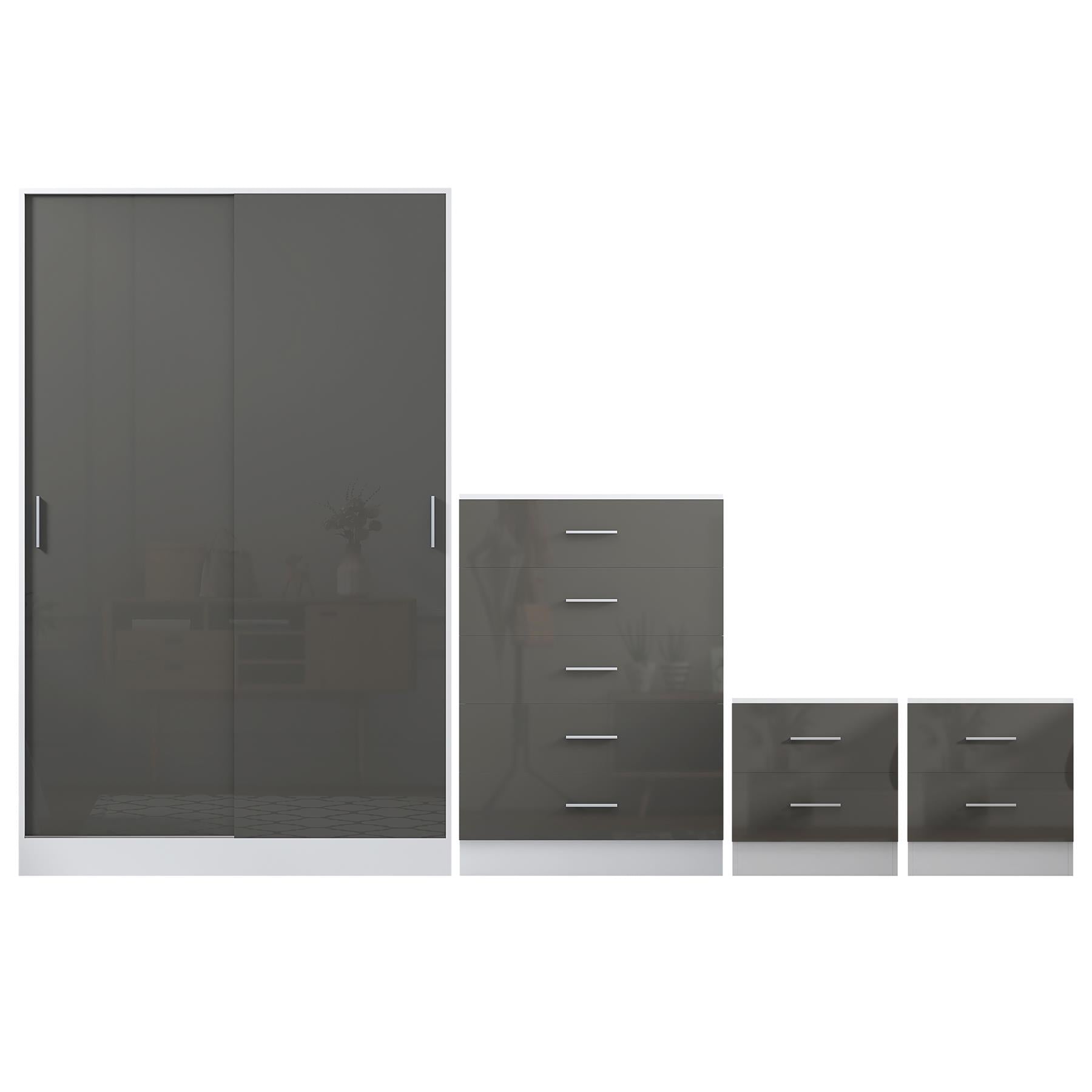 Reflect 2 Door Sliding Wardrobe, 5 Drawer Chest, 2x 2 Drawer Bedsides - Grey Gloss & Matt White - Modern Bedroom Furniture Set