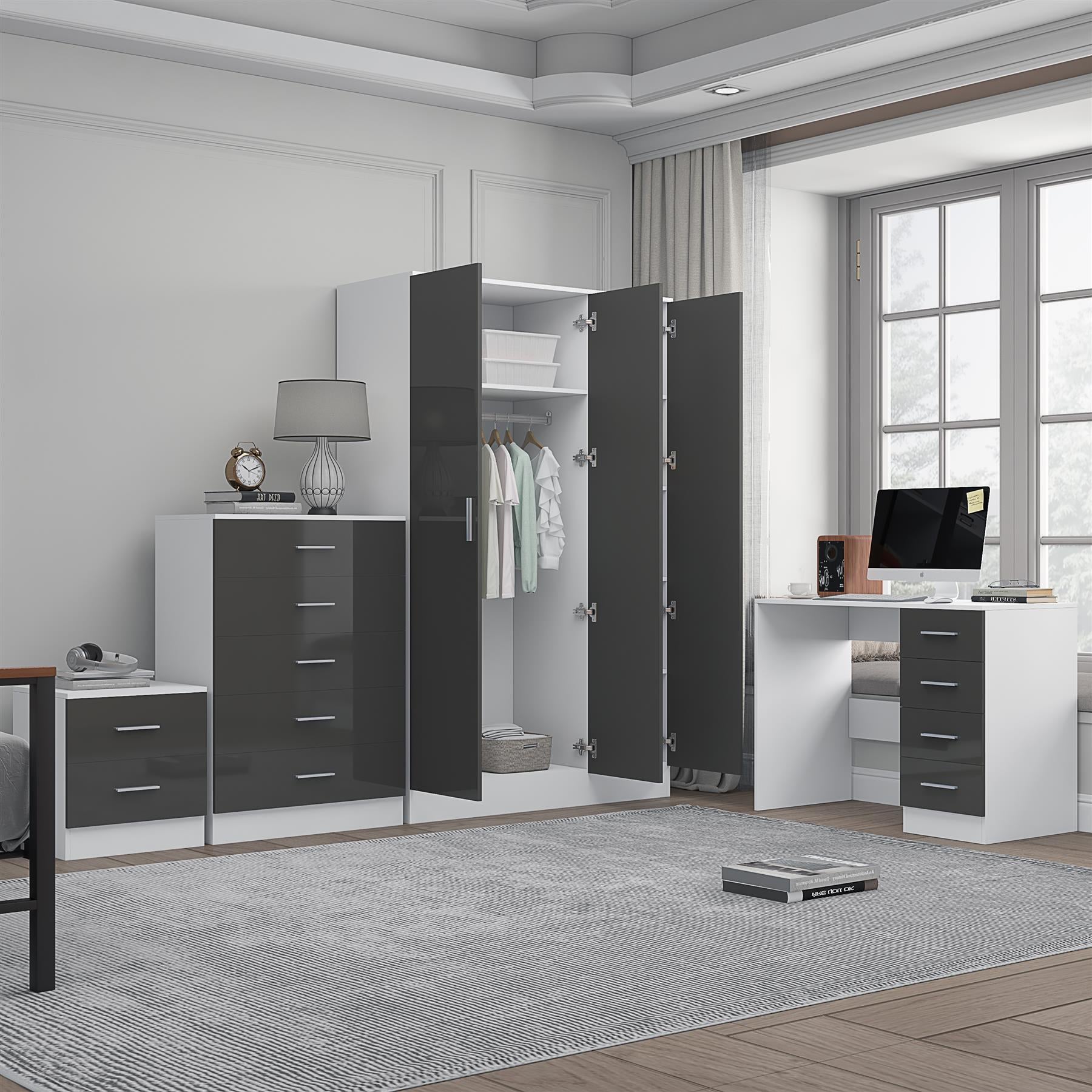 REFLECT Gloss 4pc Set - 3 Door Mirrored Wardrobe + 5 Draw Chest + Bedside + Desk